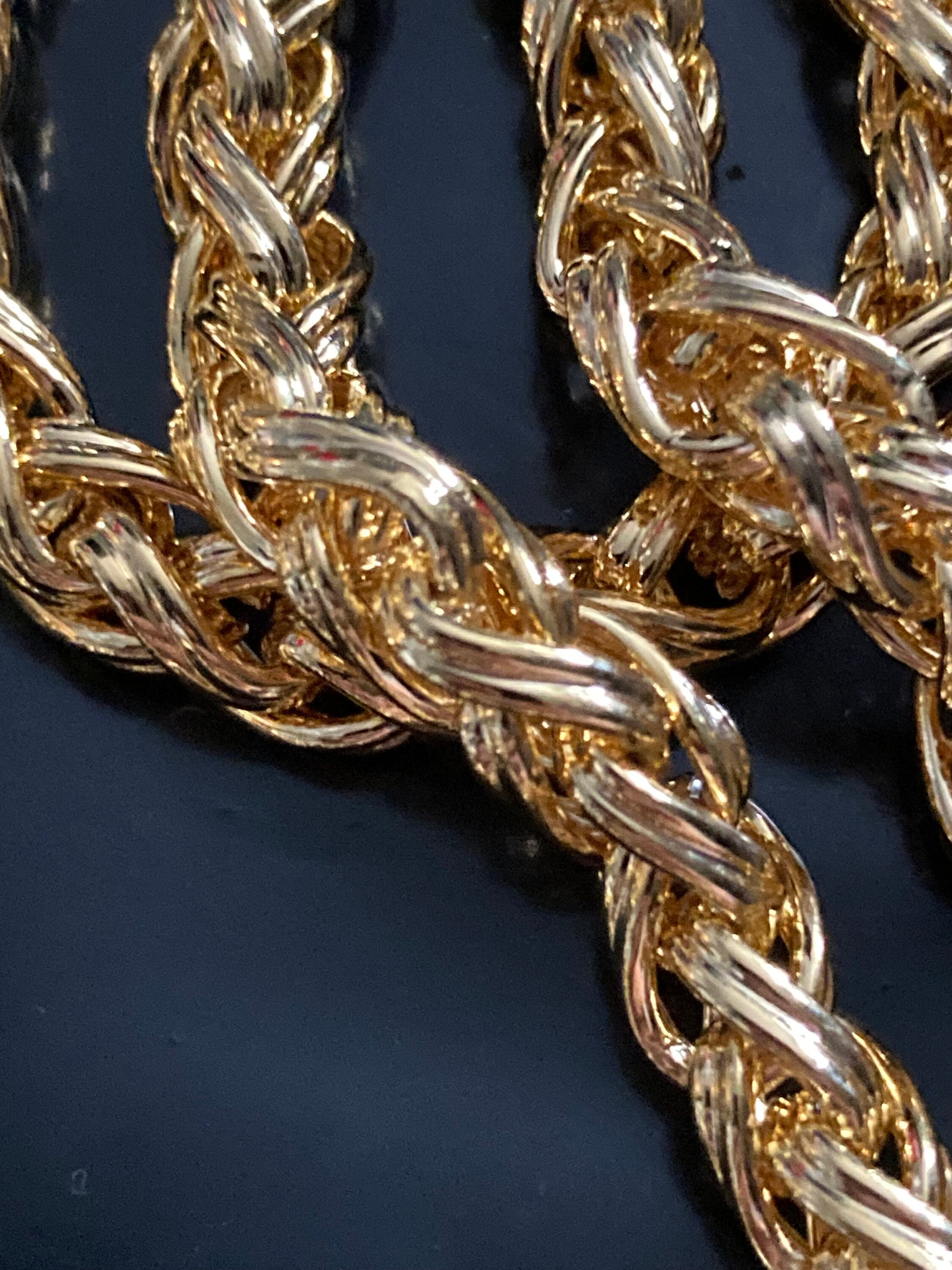 37.5” 95cm extra long 1980s thick gold plated woven wheat chain necklace