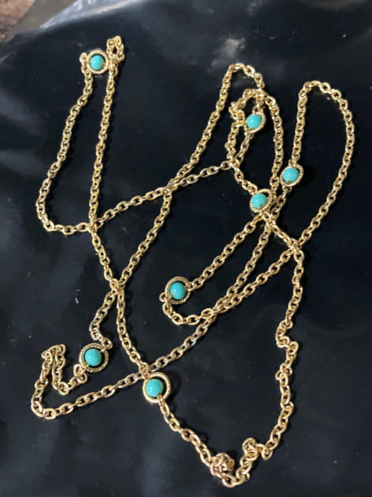28” 95cm long 1980s gold plated fine fancy link turquoise bead station necklace for layering
