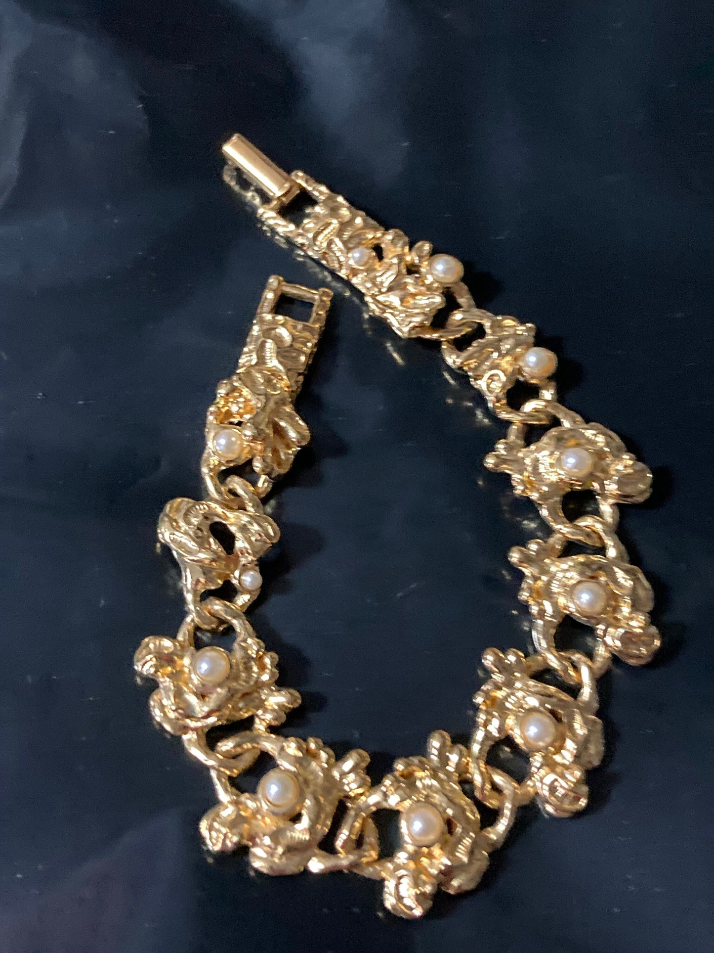 True Vintage pristine 1970s brutalist gold plated Panel link bracelet with seed pearls old shop stock