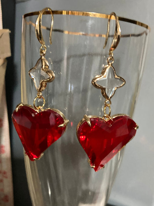 18k gold plated bright red valentines love heart crystal diamanté ornate clover drop charm earrings