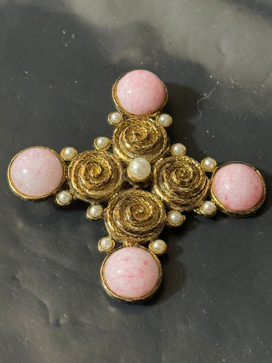 True vintage antique hold tone light pink seed pearl medieval style cross brooch old shop stock
