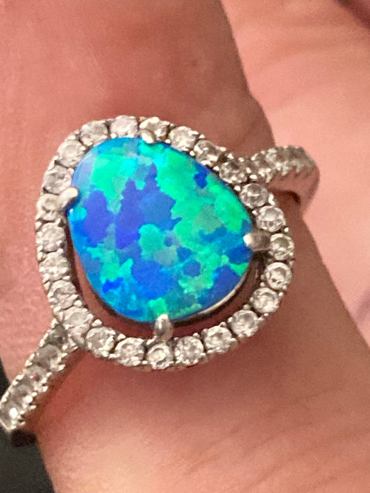 Size O 2.5 grams Retro 925 silver blue green opal opalite diamanté dress ring