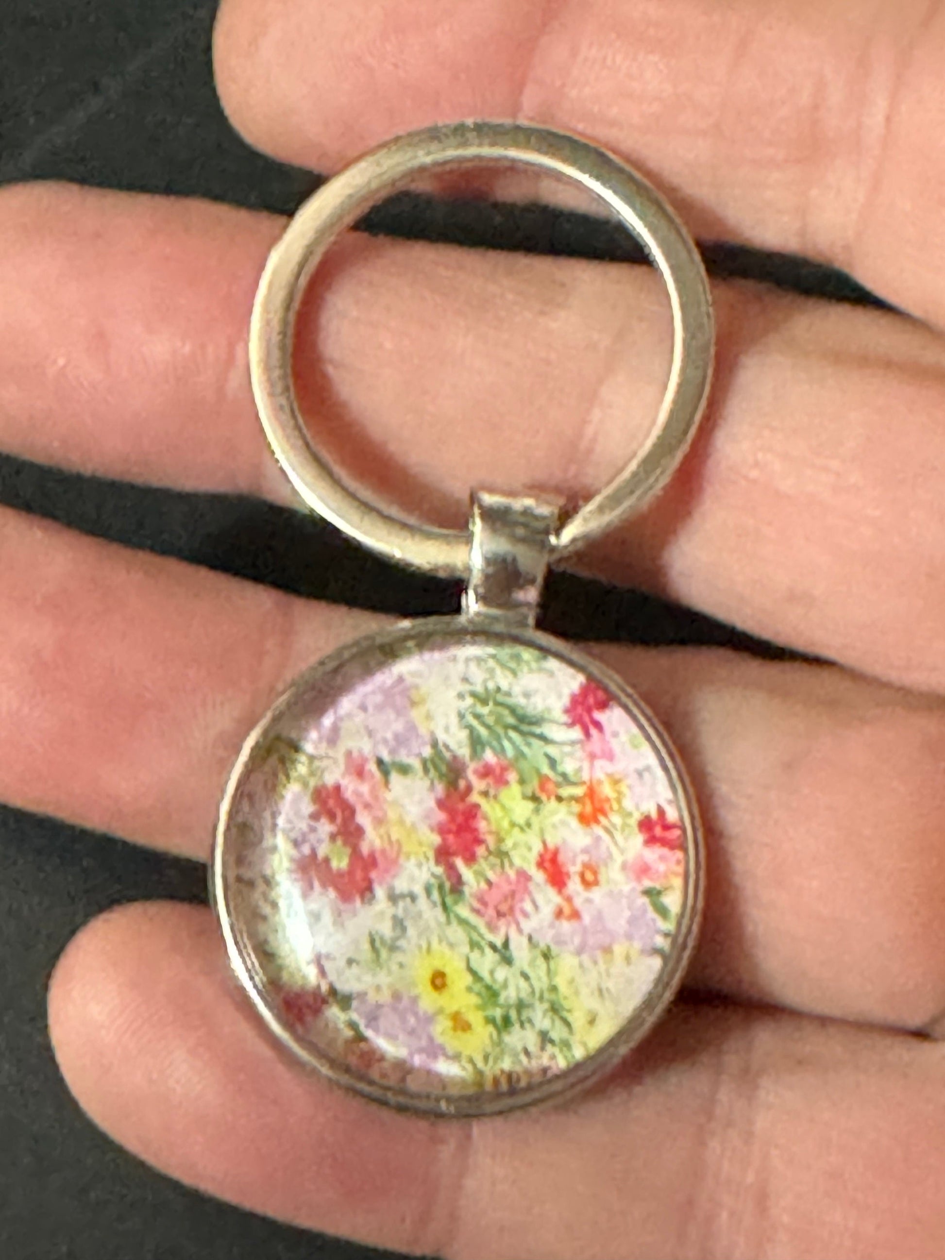 Handmade garden yellow Pink flowers silver tone floral keyring with 25mm glass cabochon