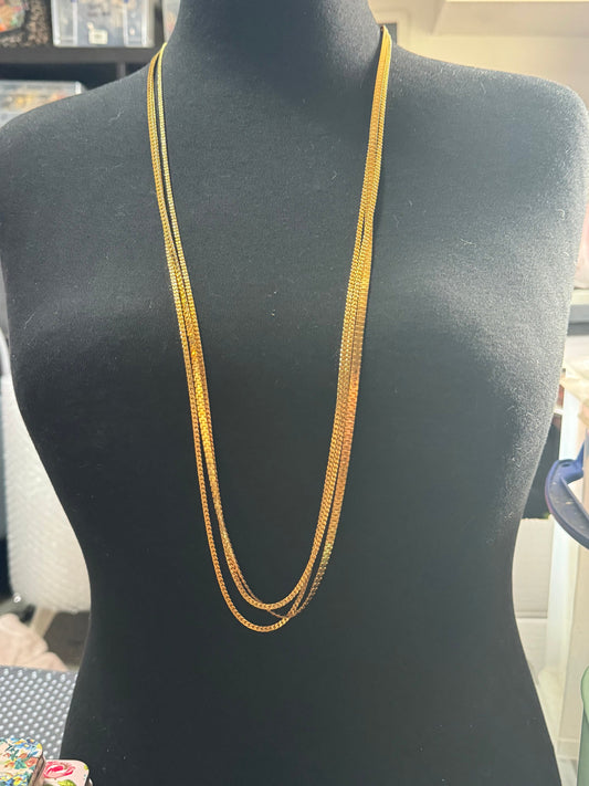 True Vintage gold tone wide flat link multi strand 3 row waterfall layering long chain long necklace to 100cm