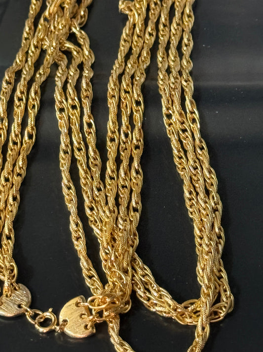 True Vintage gold tone wide Rope link multi strand 3 row waterfall layering long chain long necklace 65cm