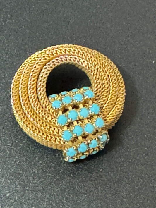 vintage modernist mid century gold tone mesh turquoise beaded abstract swirl round knot brooch 4cm 1960s 1970s