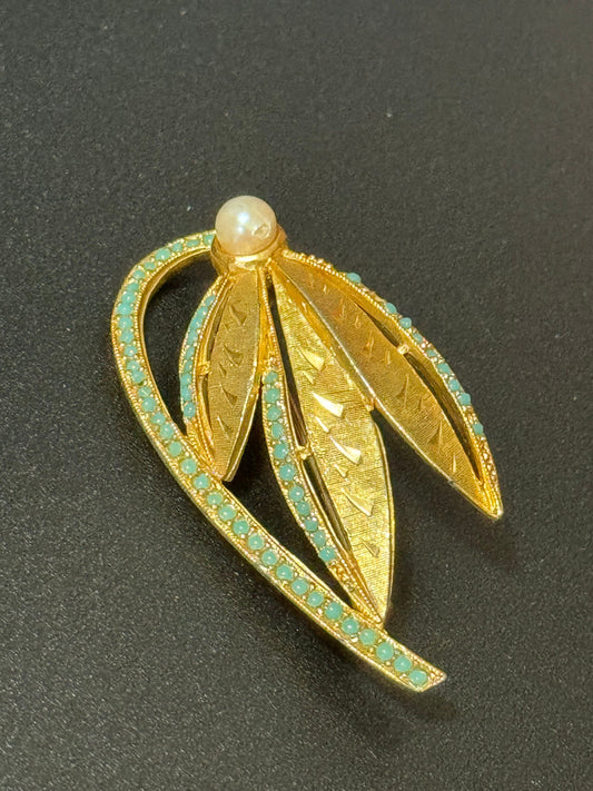 vintage modernist gold tone turquoise nano beaded abstract floral snowdrop brooch