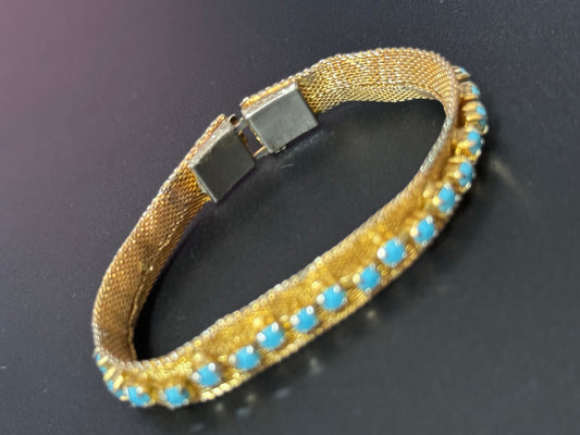 1960s gold tone mesh turquoise rhinestone paste bracelet 18cm