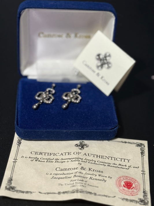 Vintage signed JBK camrose and Kross designer silver rhinestone open work dangly drop earrings for pierced ears