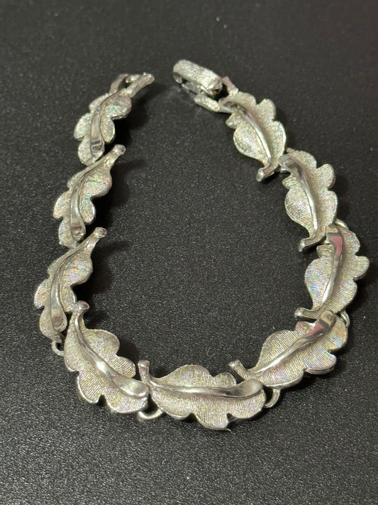 Signed Judy Lee vintage Silver tone leaf bracelet panel link mid century