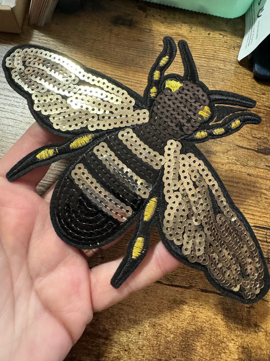 Large Iron On bumble BEE Patch Black and Gold appliqué craft pre glued