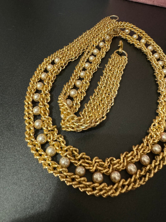 Vintage fixed length 85cm woven gold tone beaded faux Pearl chain link belt