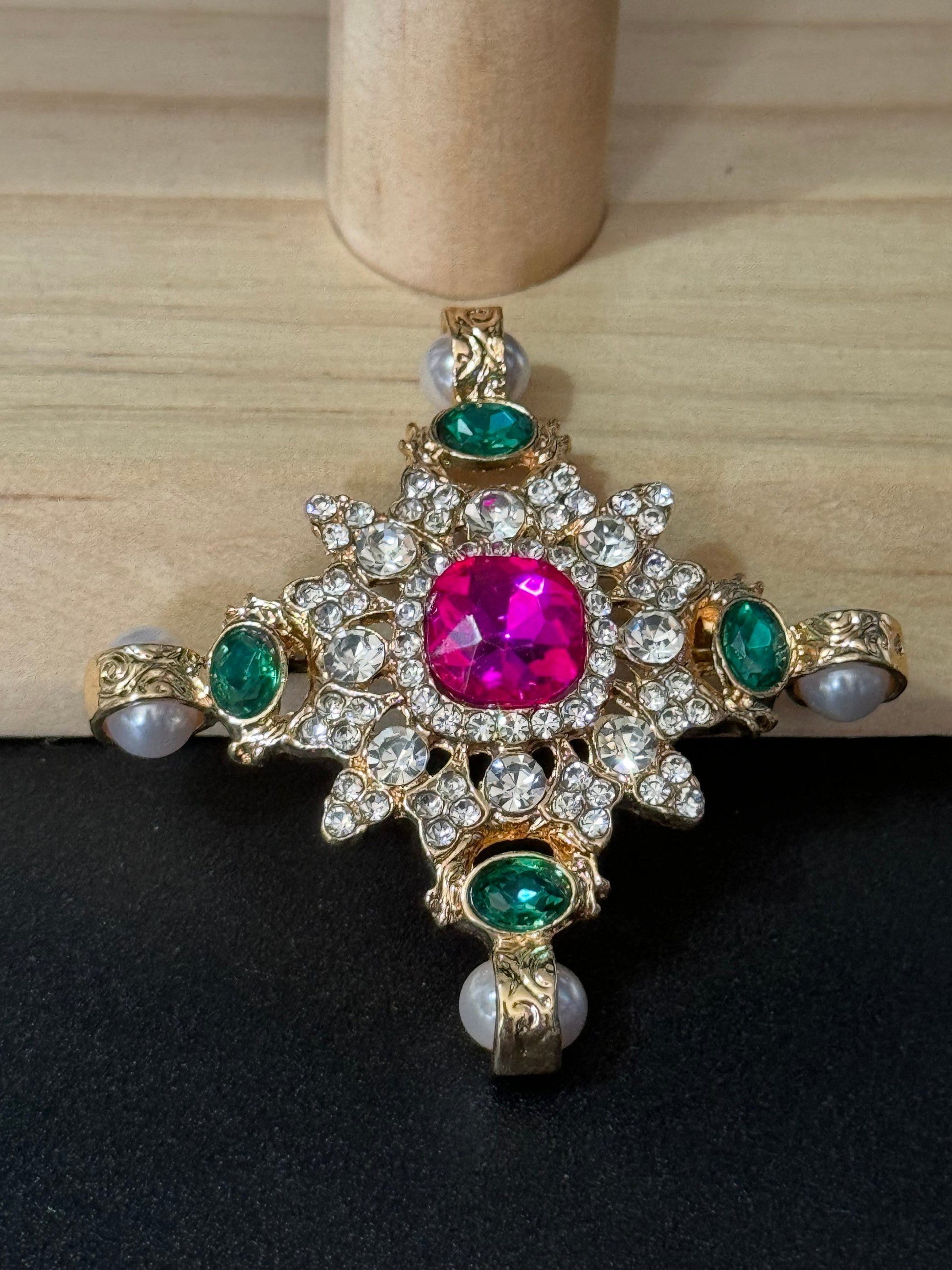 Large faux pearl and bright pink and emerald green diamanté rhinestone cross brooch