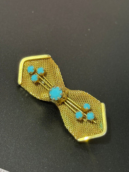 vintage modernist mid century gold tone mesh turquoise beaded abstract bar bow brooch 5cm 1960s 1970s