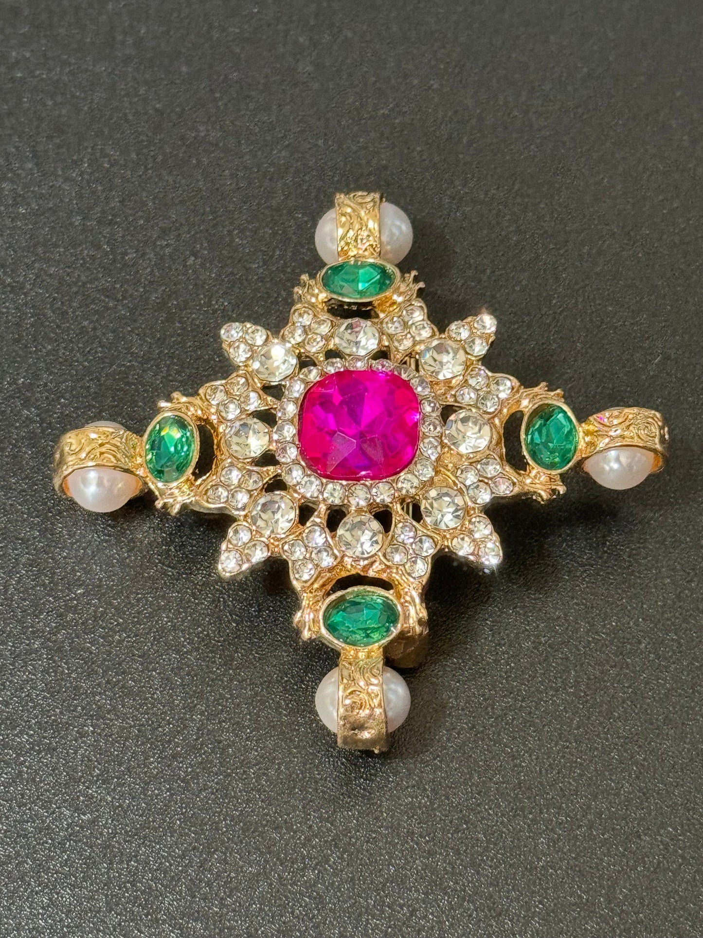 Large faux pearl and bright pink and emerald green diamanté rhinestone cross brooch