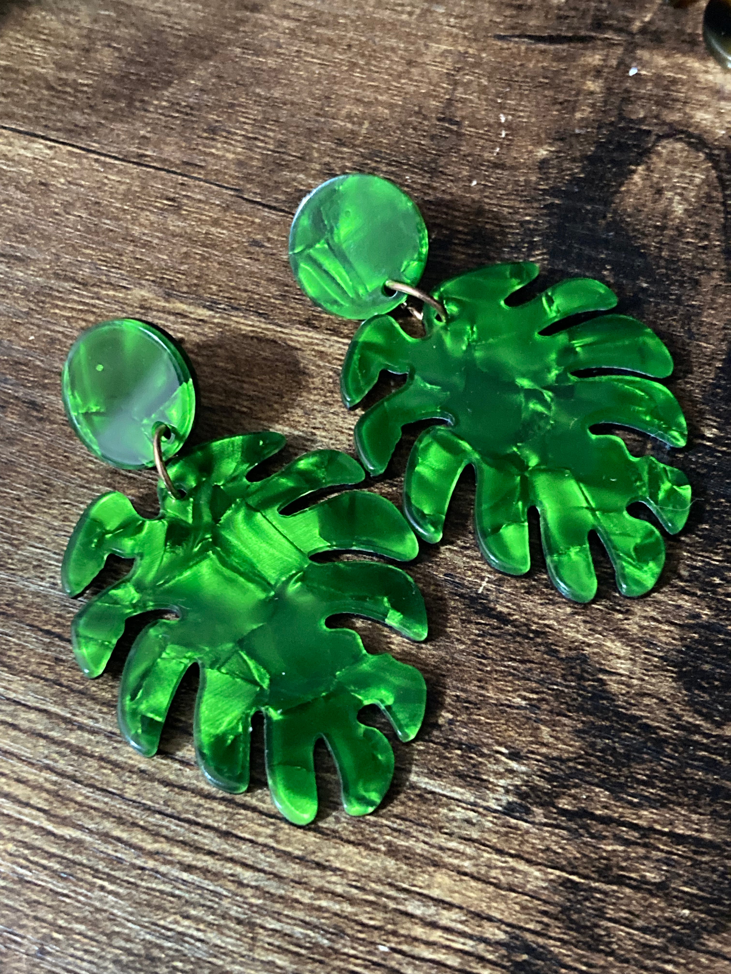 Green marbled acrylic palm leaf earrings
