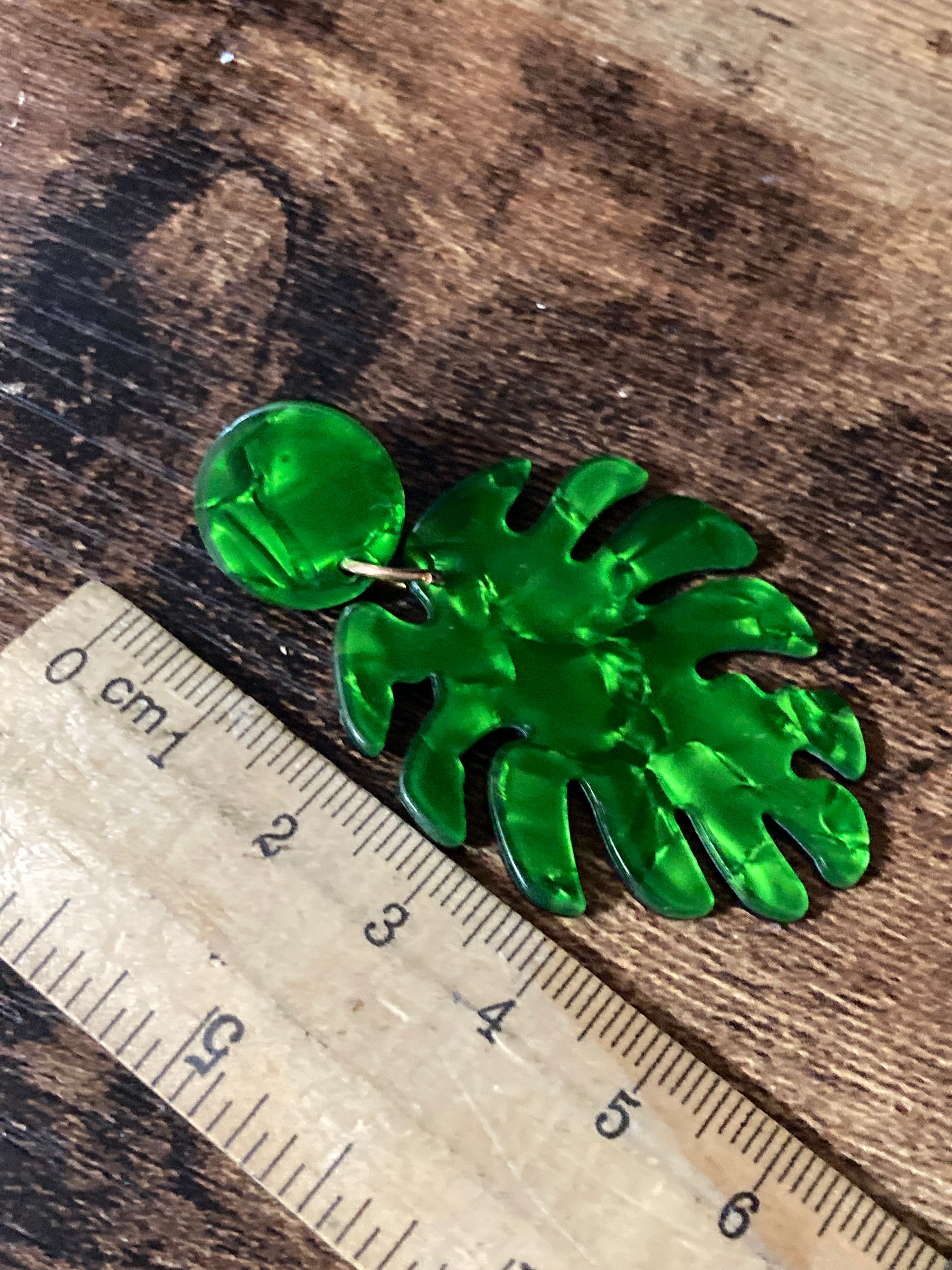 Green marbled acrylic palm leaf earrings