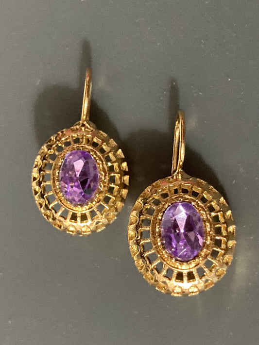 Gold amethyst diamanté drop earrings Victorian style