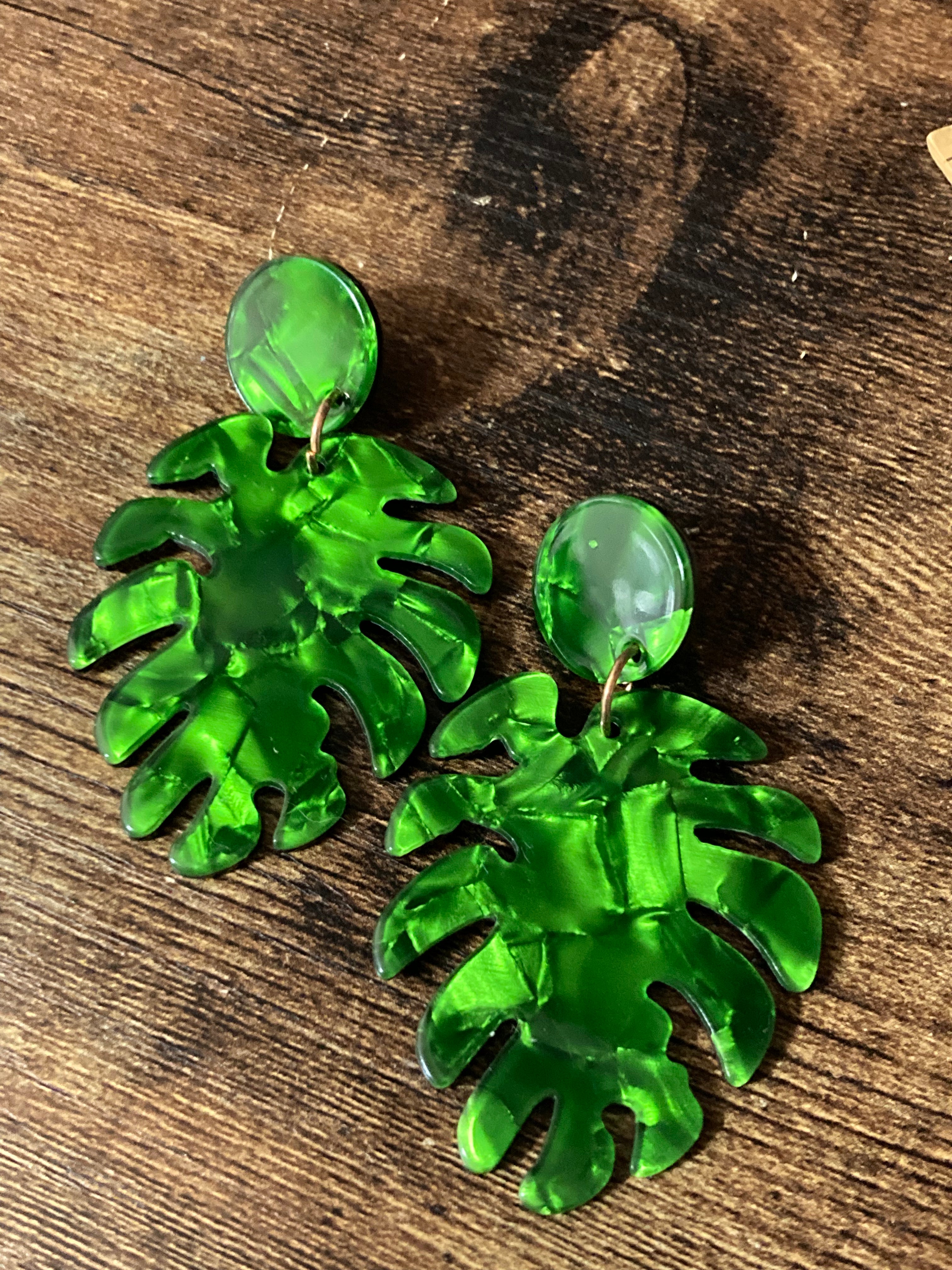 Green marbled acrylic palm leaf earrings
