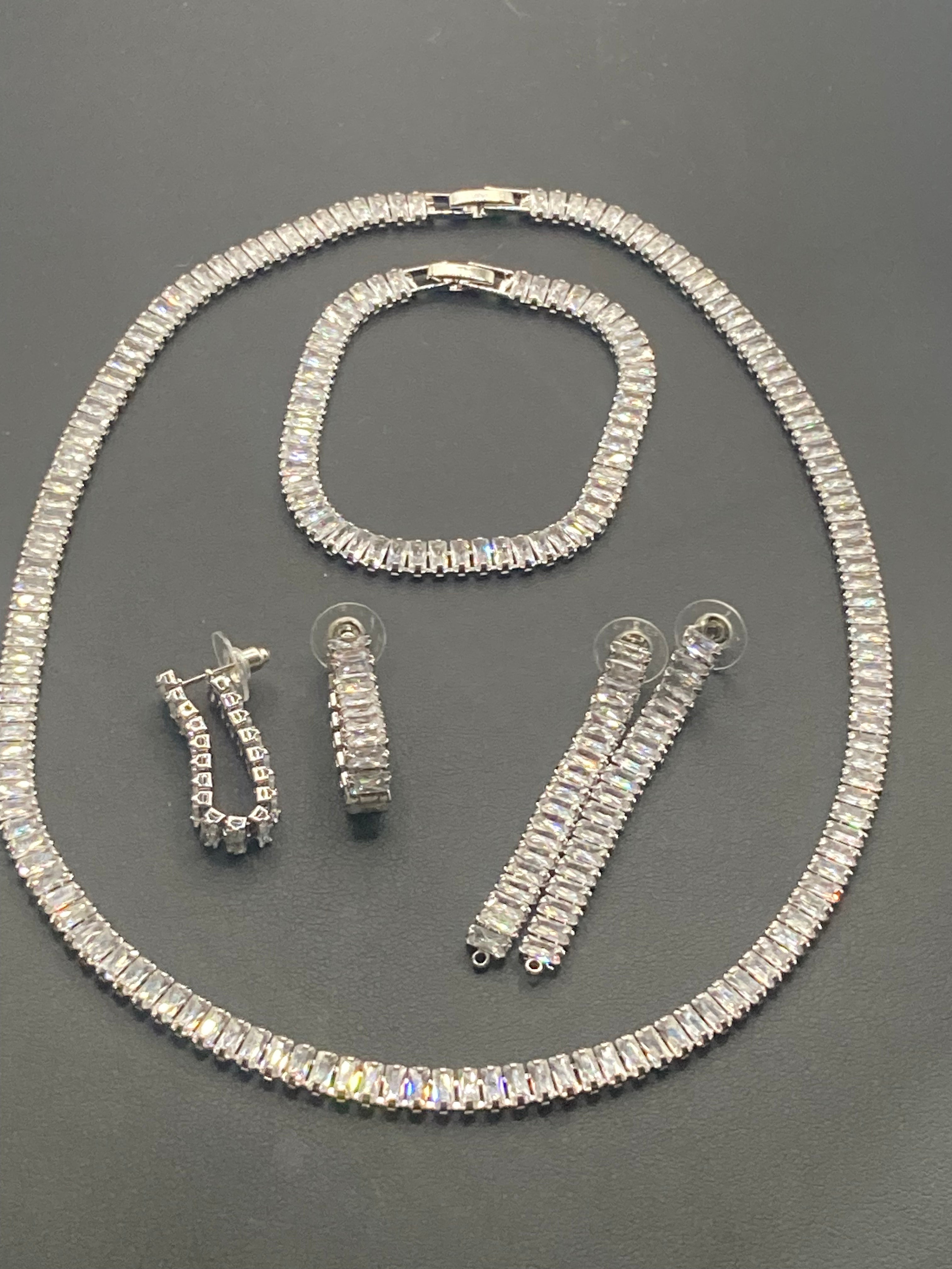 High End clear CZ necklace baguette Crystal diamanté White gold plated