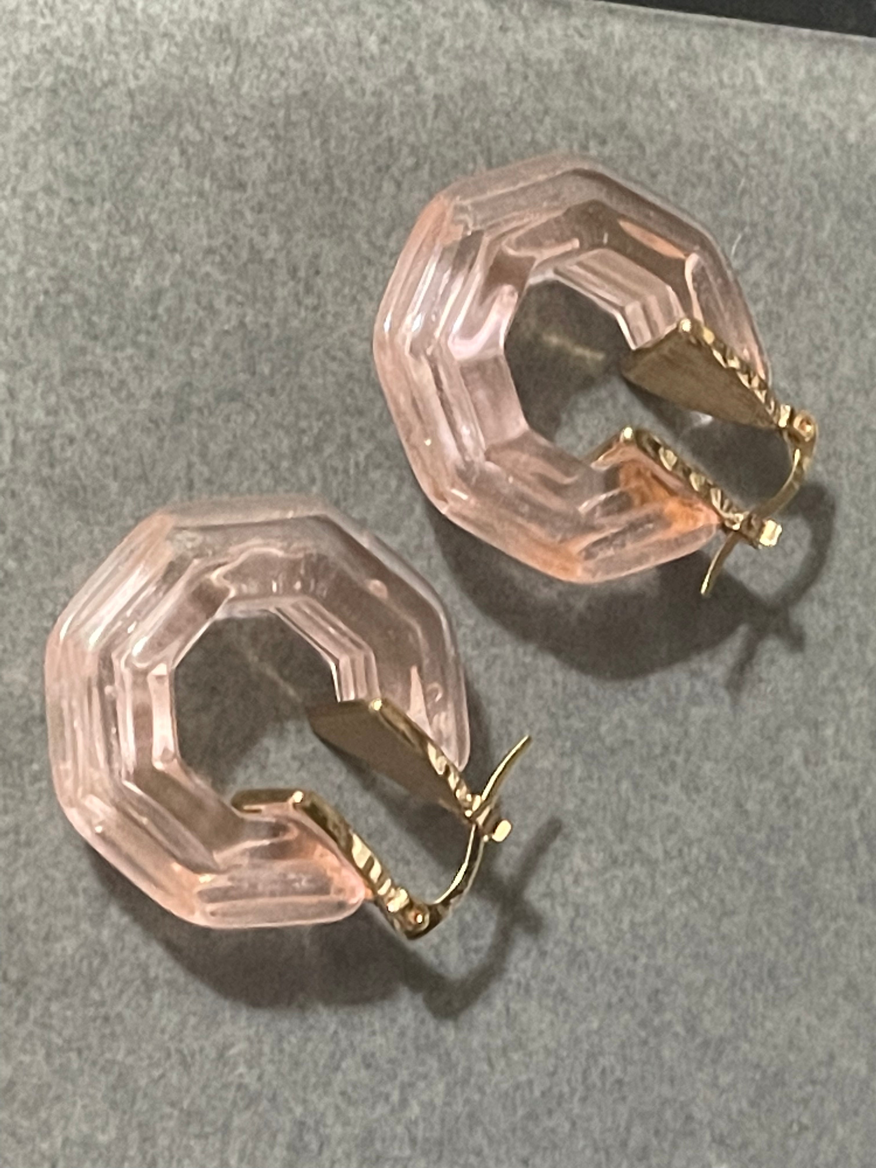 Octagonal blush pink acrylic gold tone hoop earrings