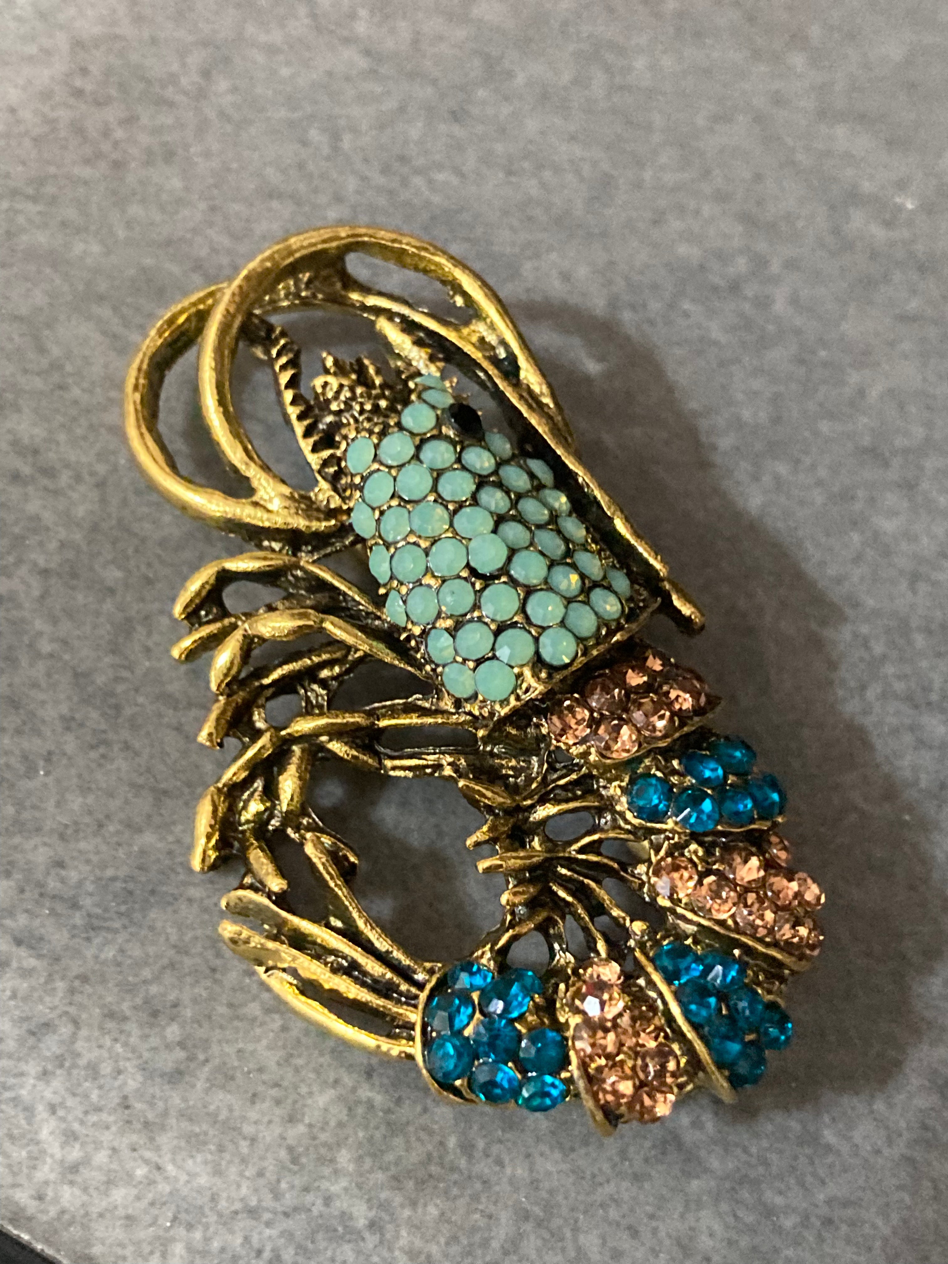 Gold diamanté shrimp prawn brooch