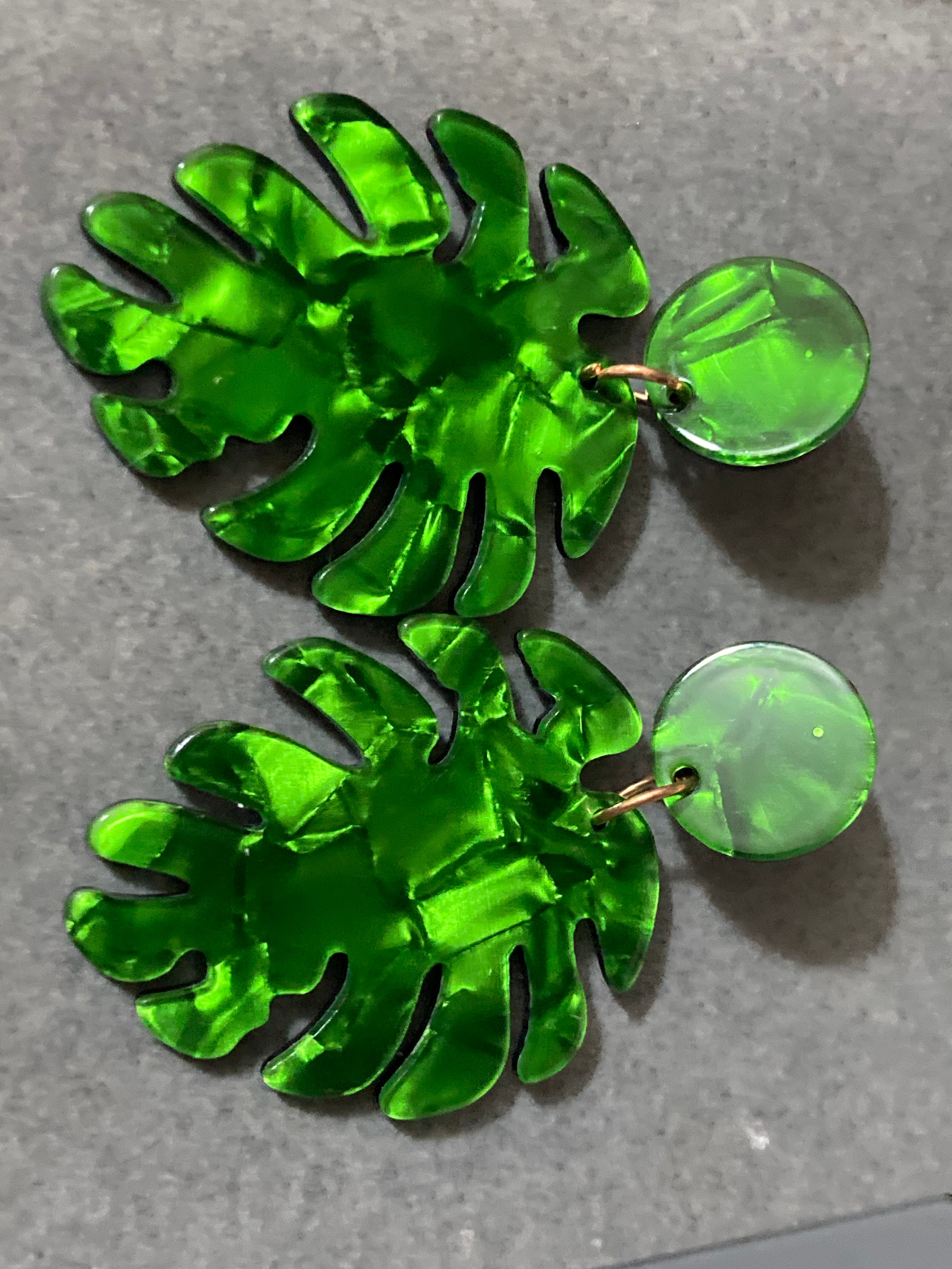 Green marbled acrylic palm leaf earrings