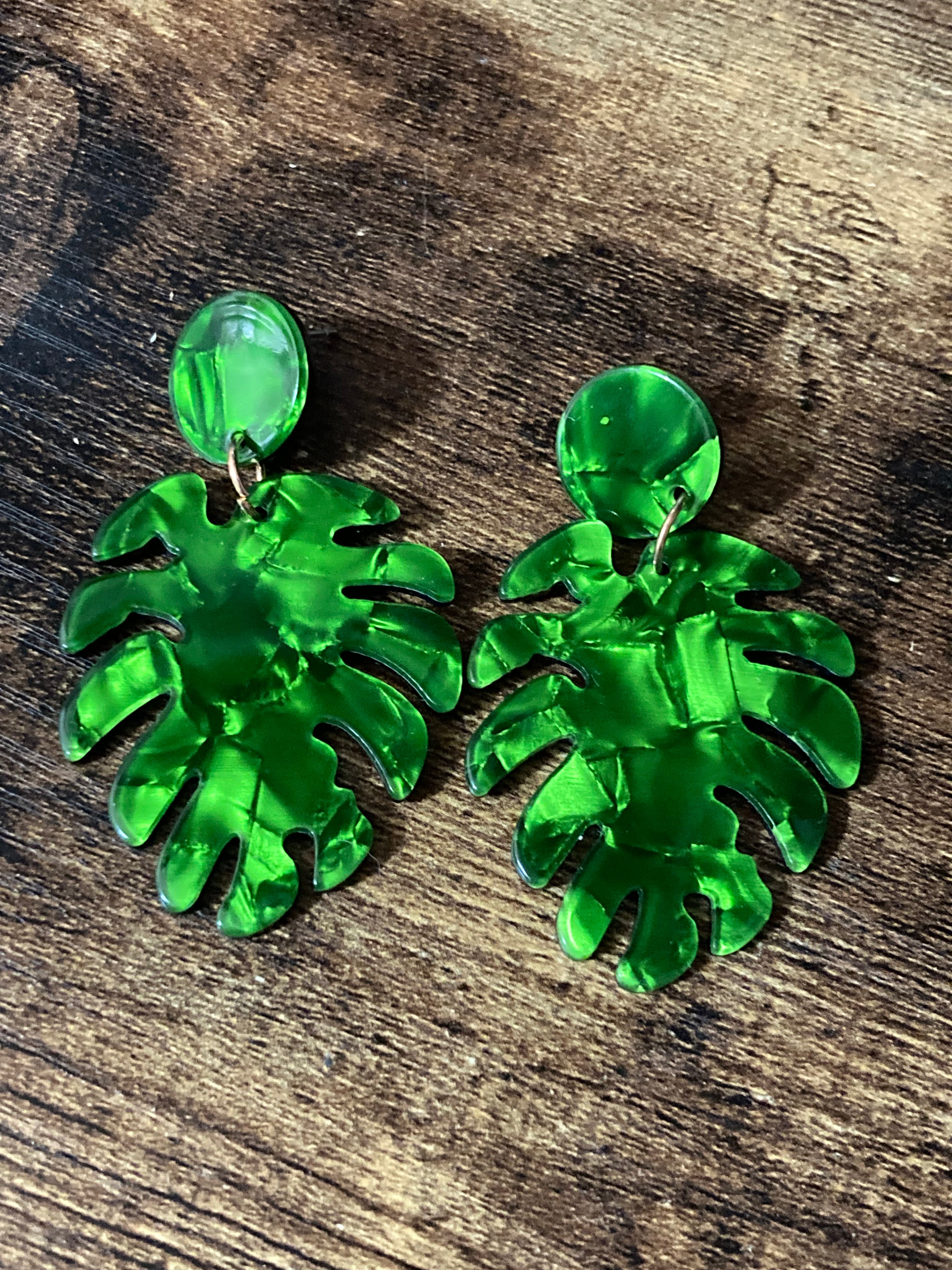 Green marbled acrylic palm leaf earrings