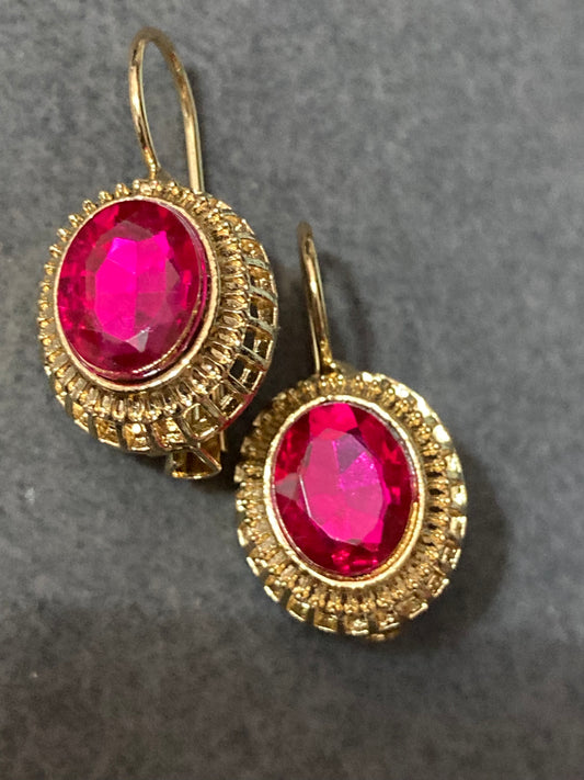 Gold tone hot pink glass diamanté drop earrings Victorian style