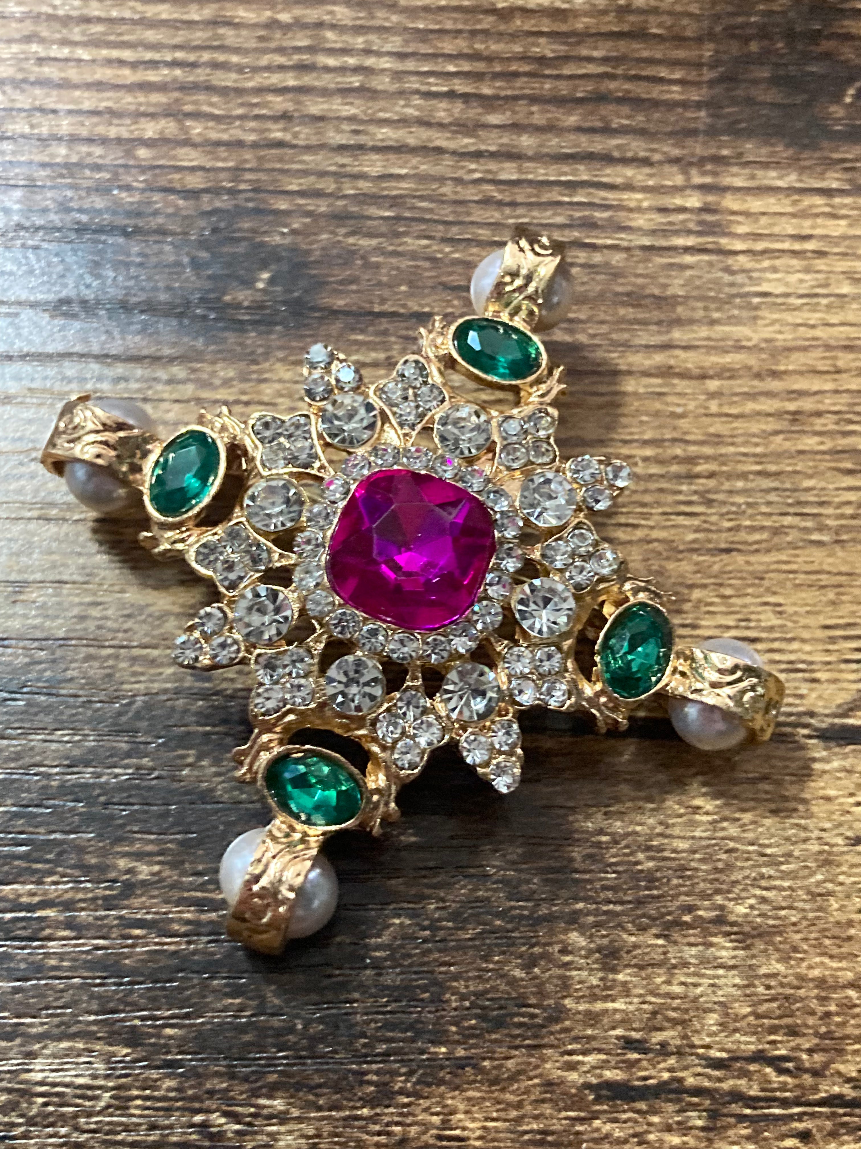Pearl and Diamanté cross brooch with pink and emerald green stones