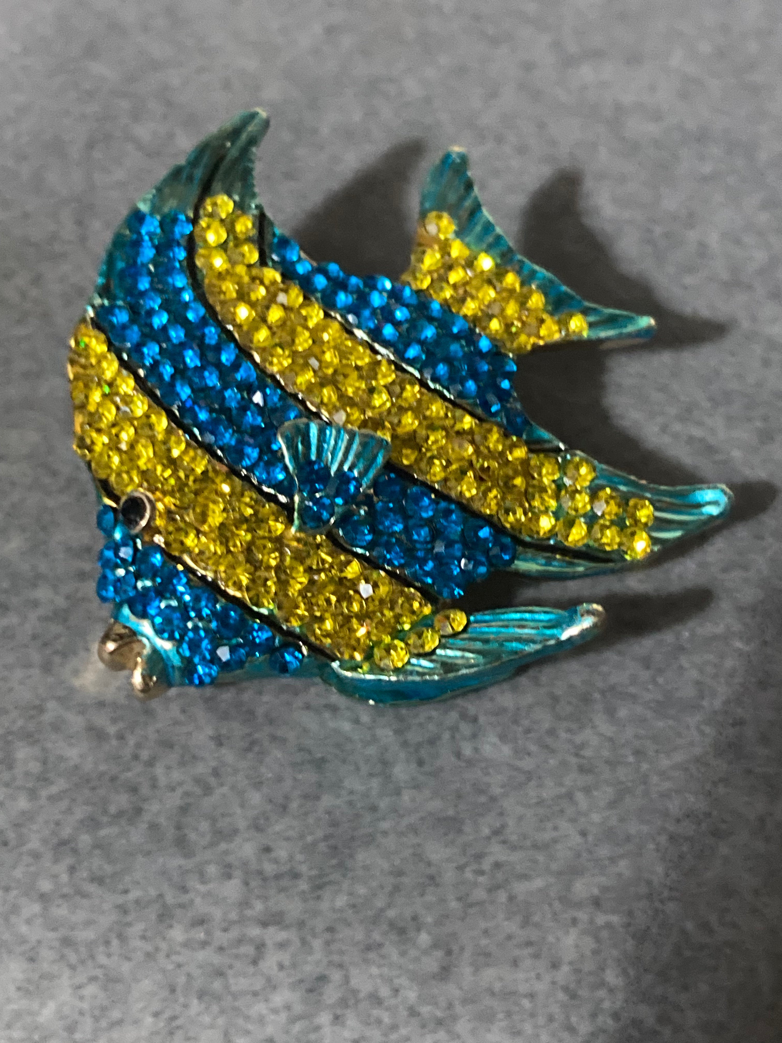 Diamanté fish brooch blue and yellow