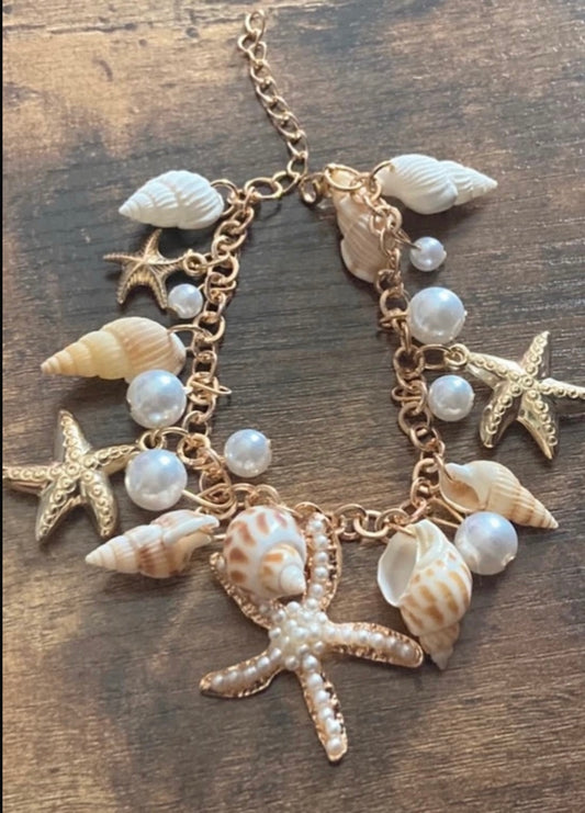 Tropical seashell pearl charm bracelet