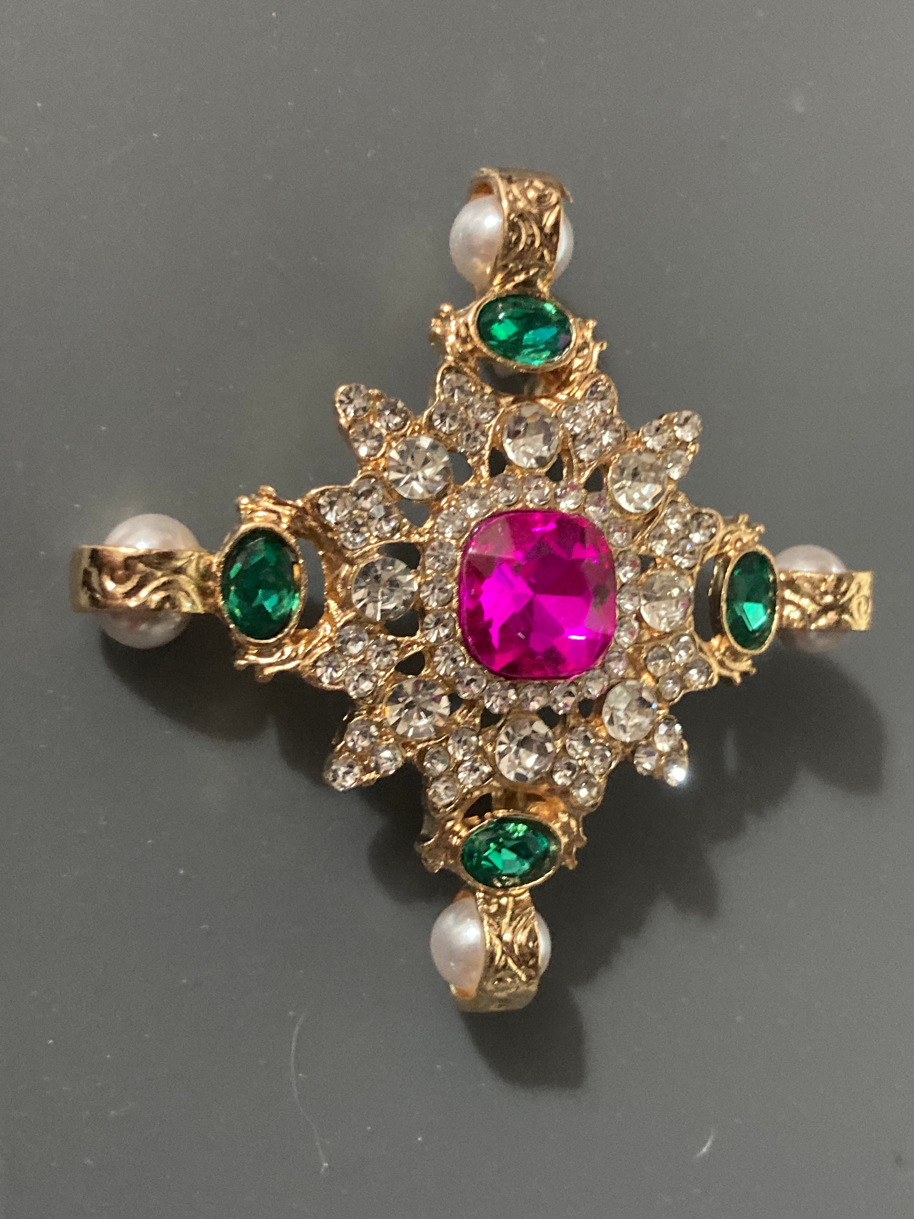 Pearl and Diamanté cross brooch with pink and emerald green stones