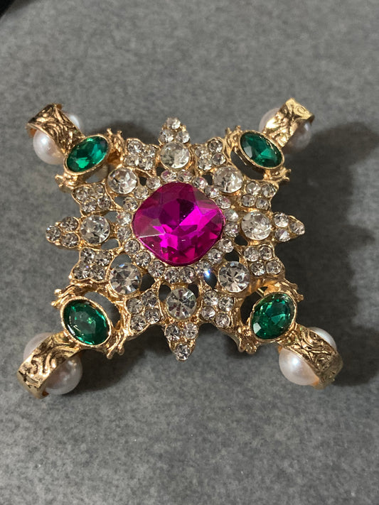 Pearl and Diamanté cross brooch with pink and emerald green stones