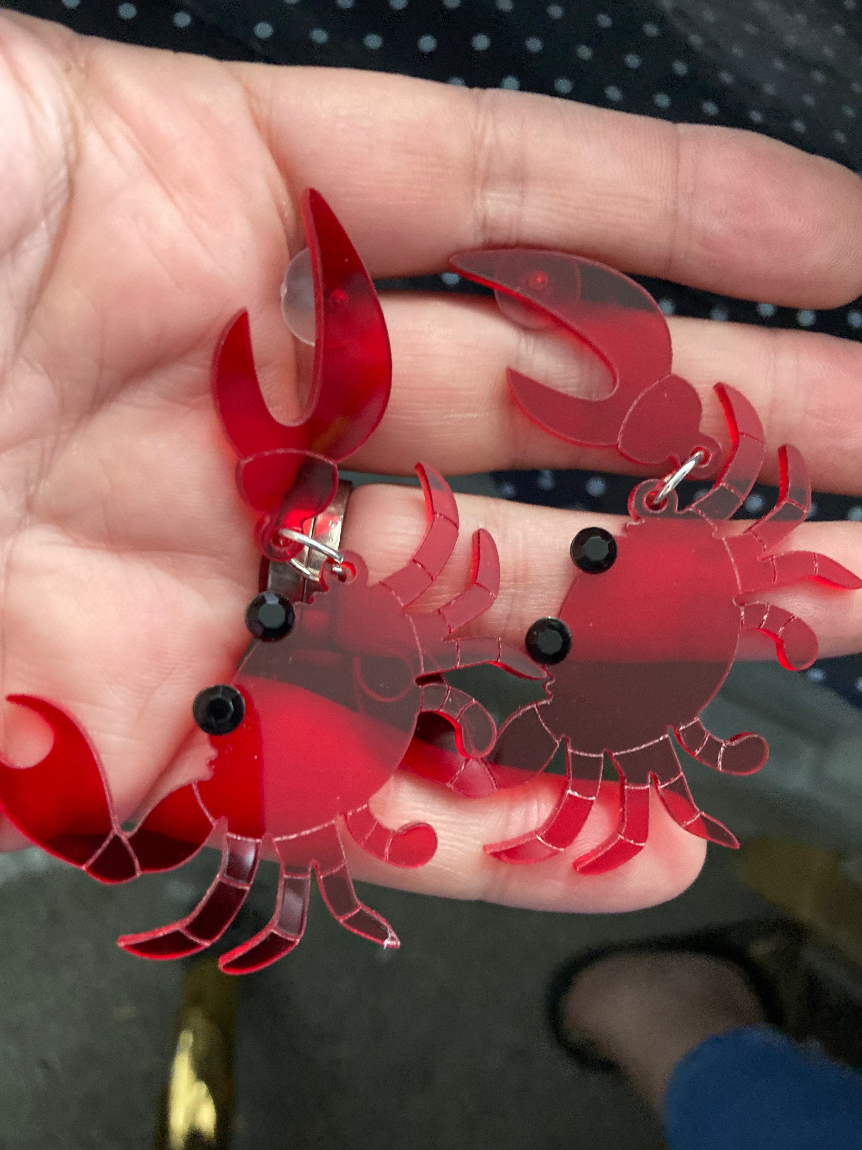 Large red acrylic crab earrings