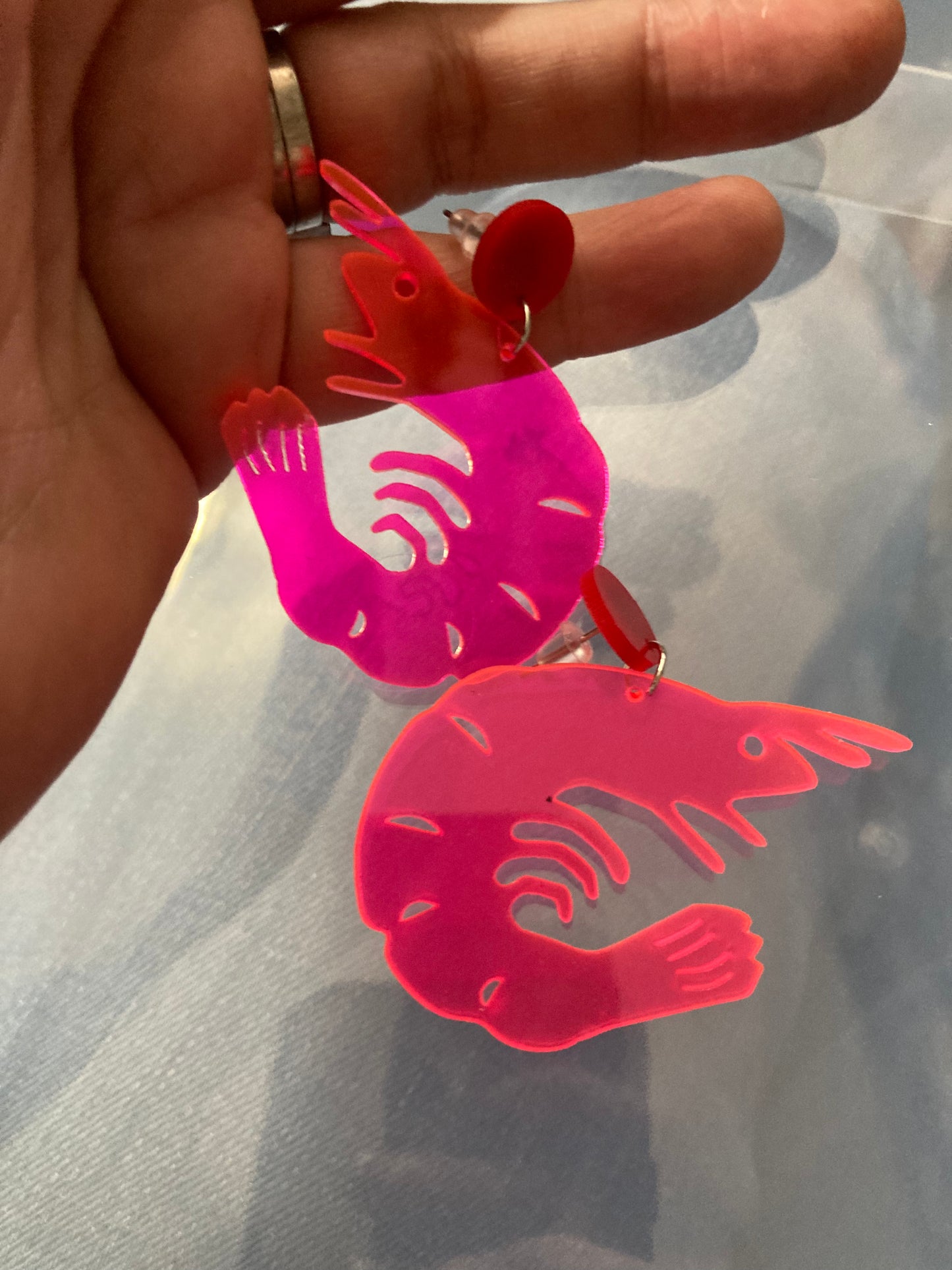 pink acrylic prawn earrings