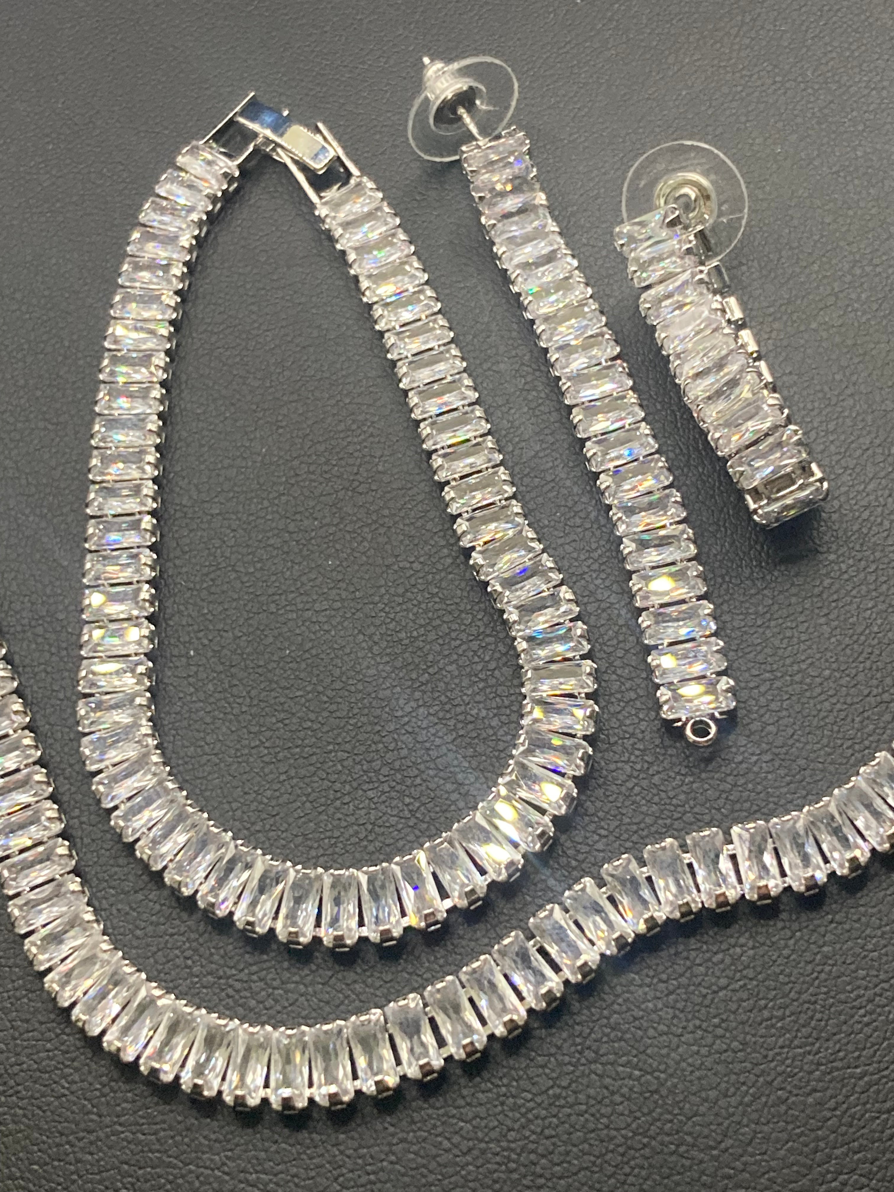 High End clear CZ necklace baguette Crystal diamanté White gold plated