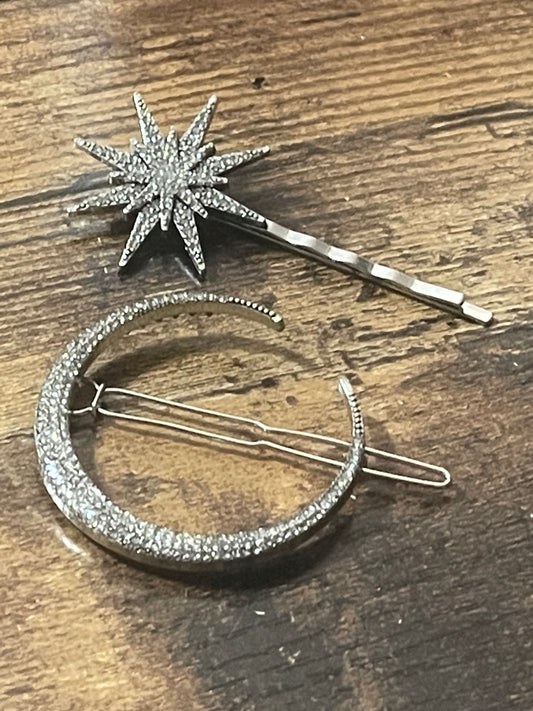Star and moon silver diamanté celestial hair clips
