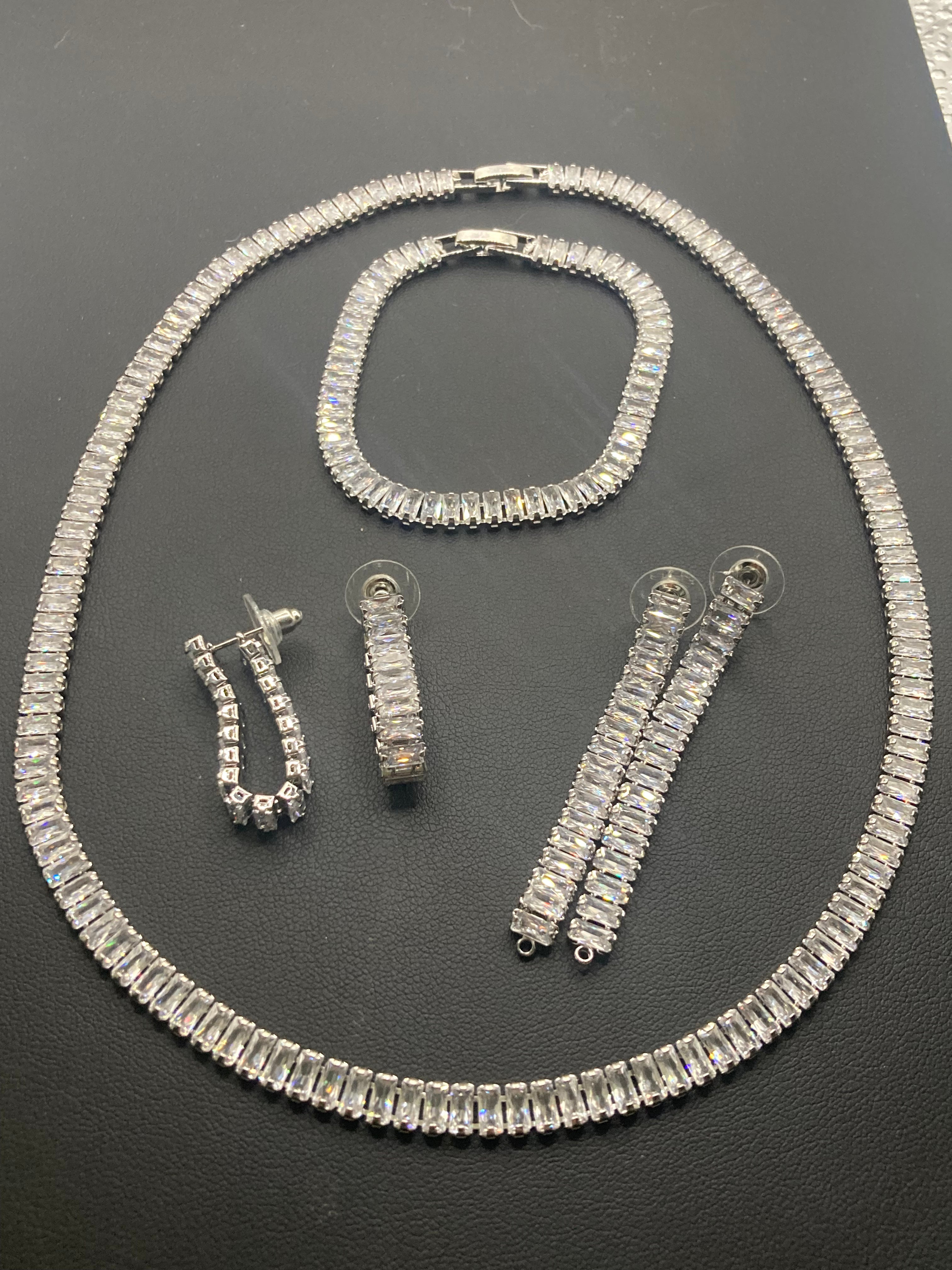 High End clear CZ necklace baguette Crystal diamanté White gold plated