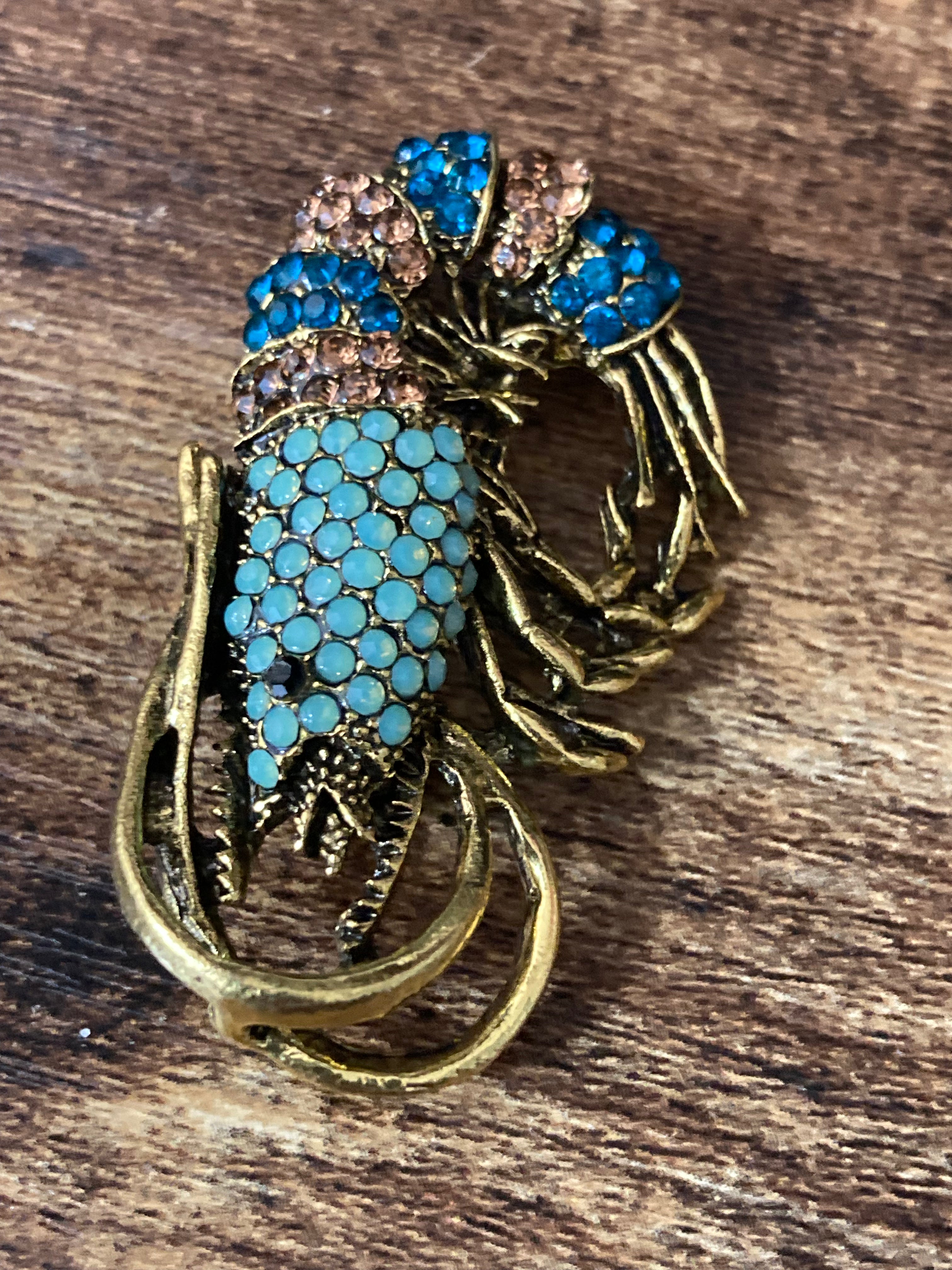 Gold diamanté shrimp prawn brooch