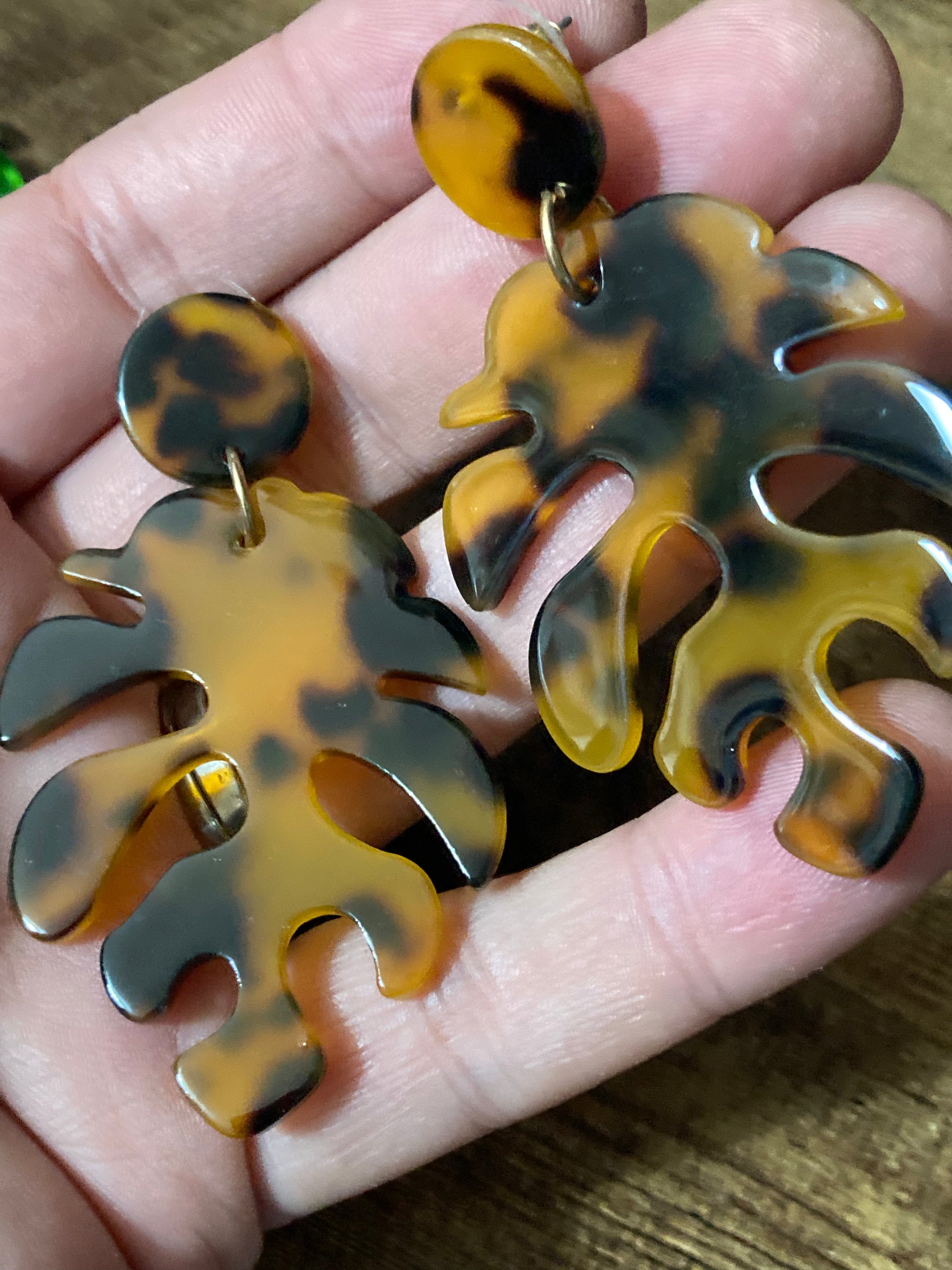 Large tortoiseshell palm leaf earrings