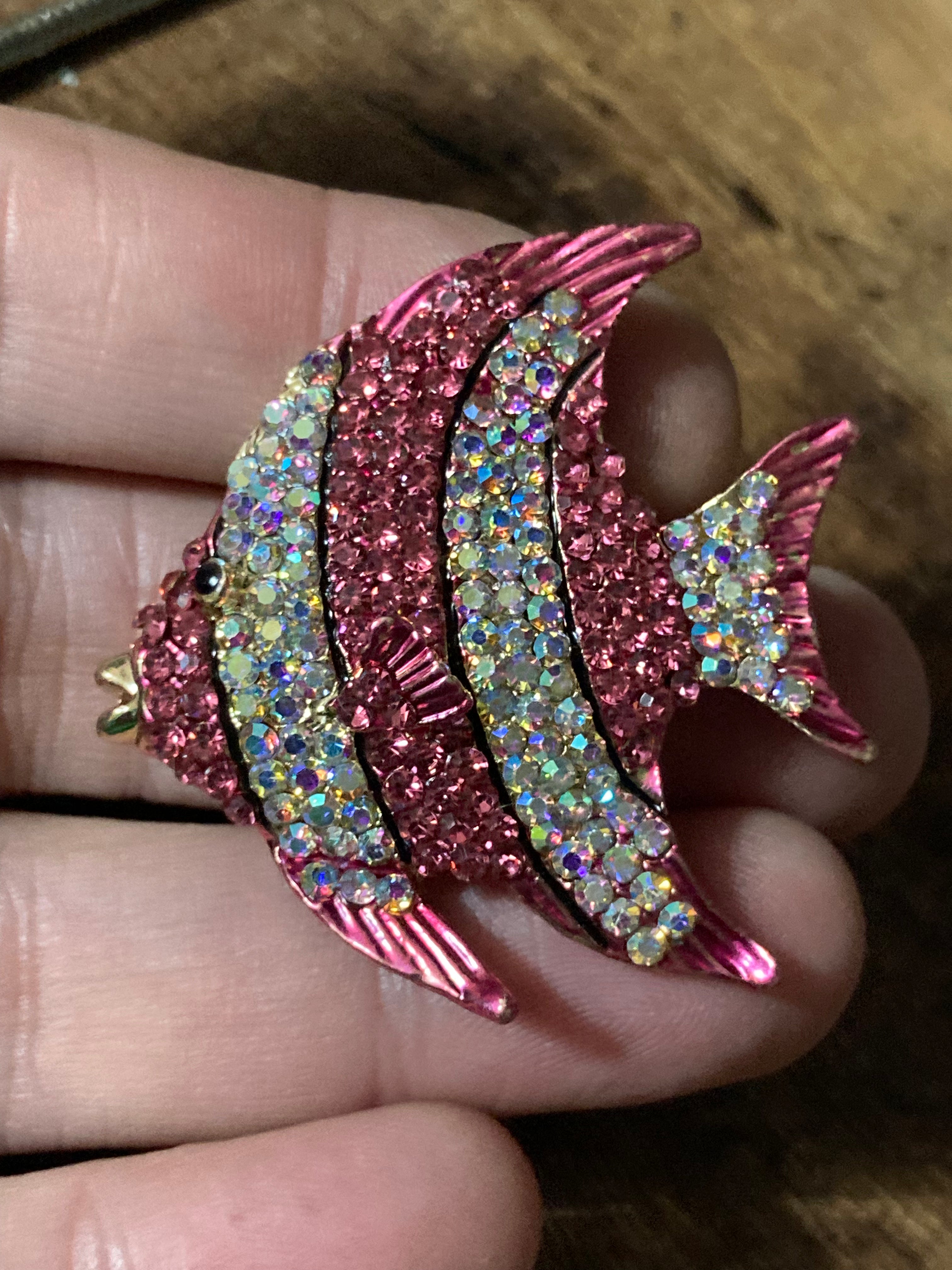 Diamanté fish brooch pink and clear stripes