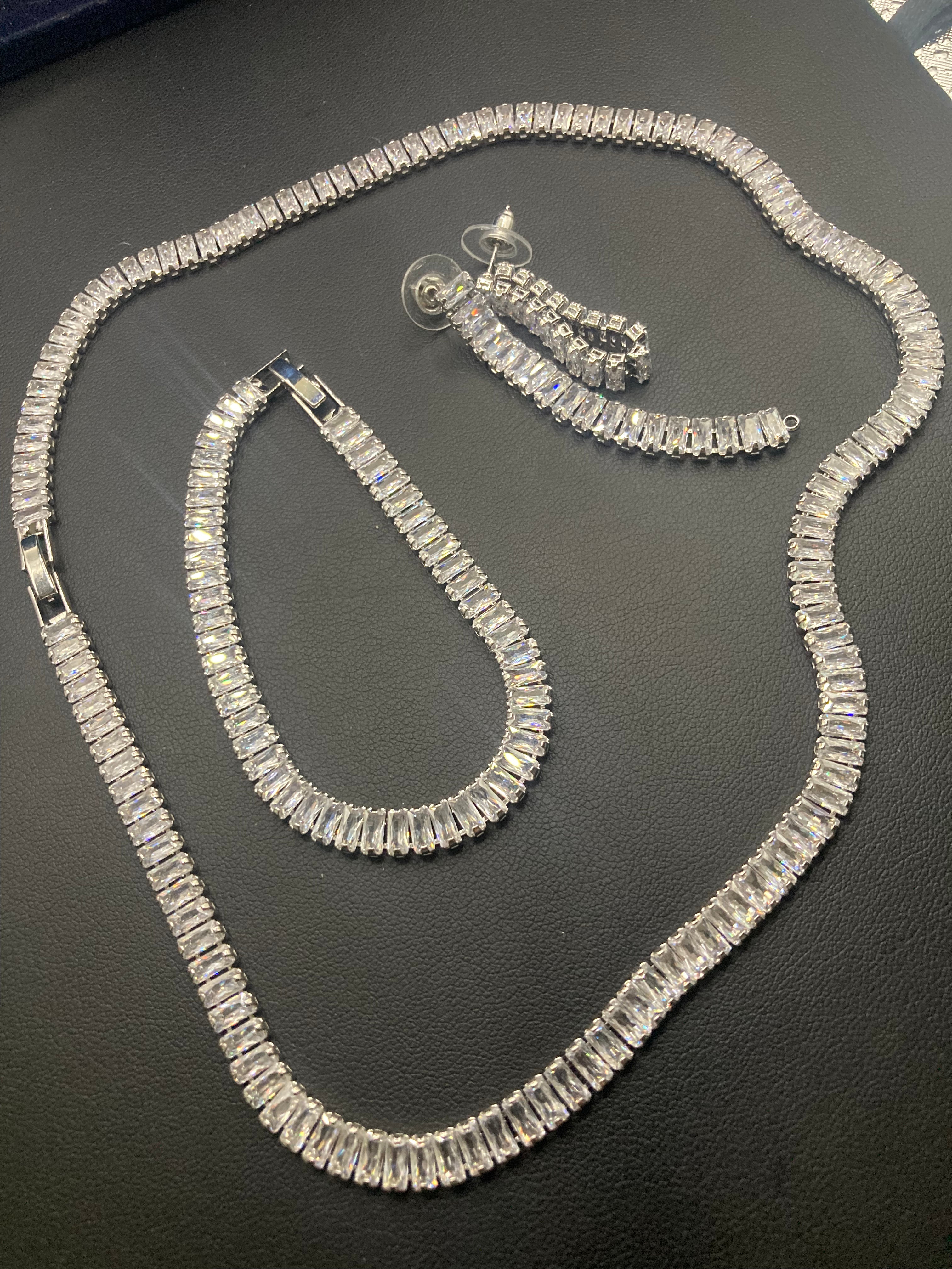 High End clear CZ necklace baguette Crystal diamanté White gold plated