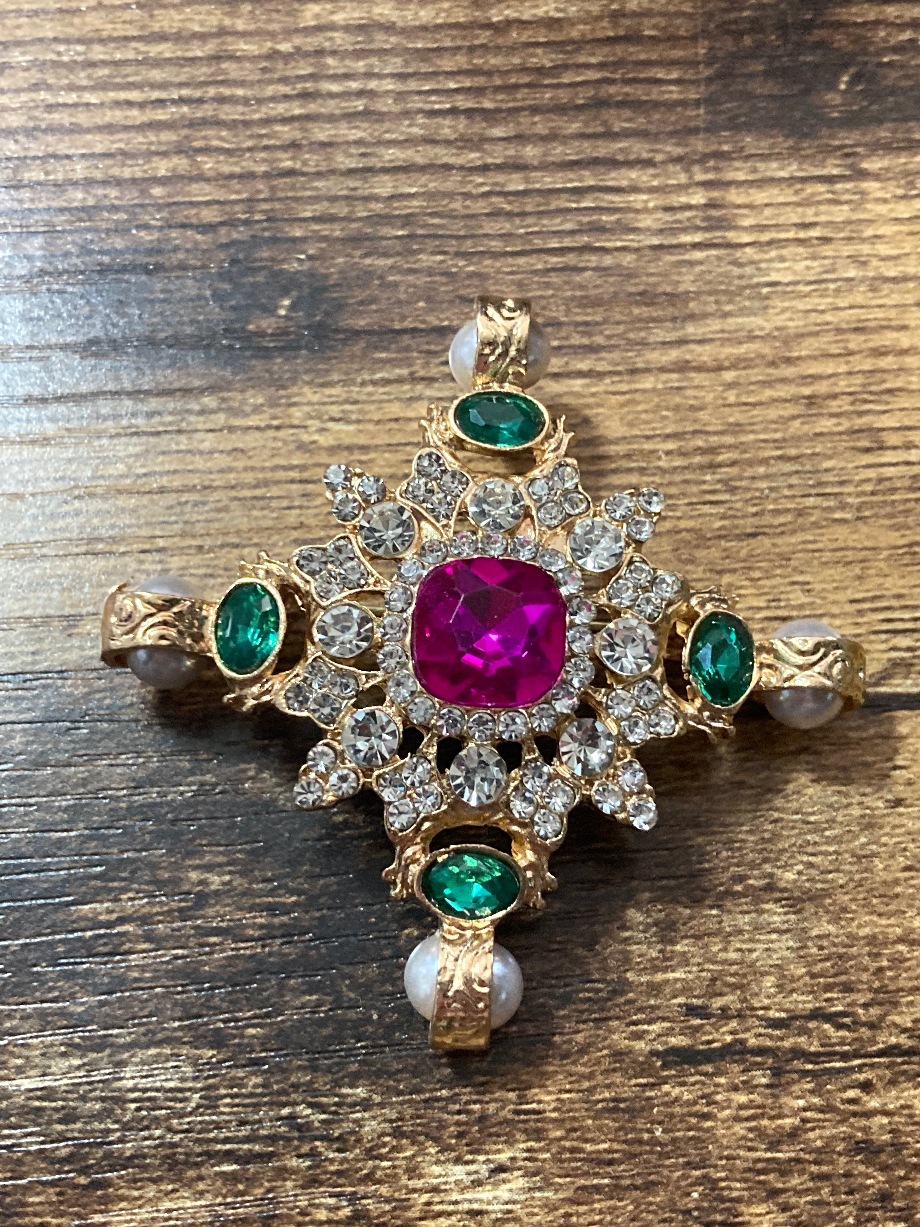 Pearl and Diamanté cross brooch with pink and emerald green stones