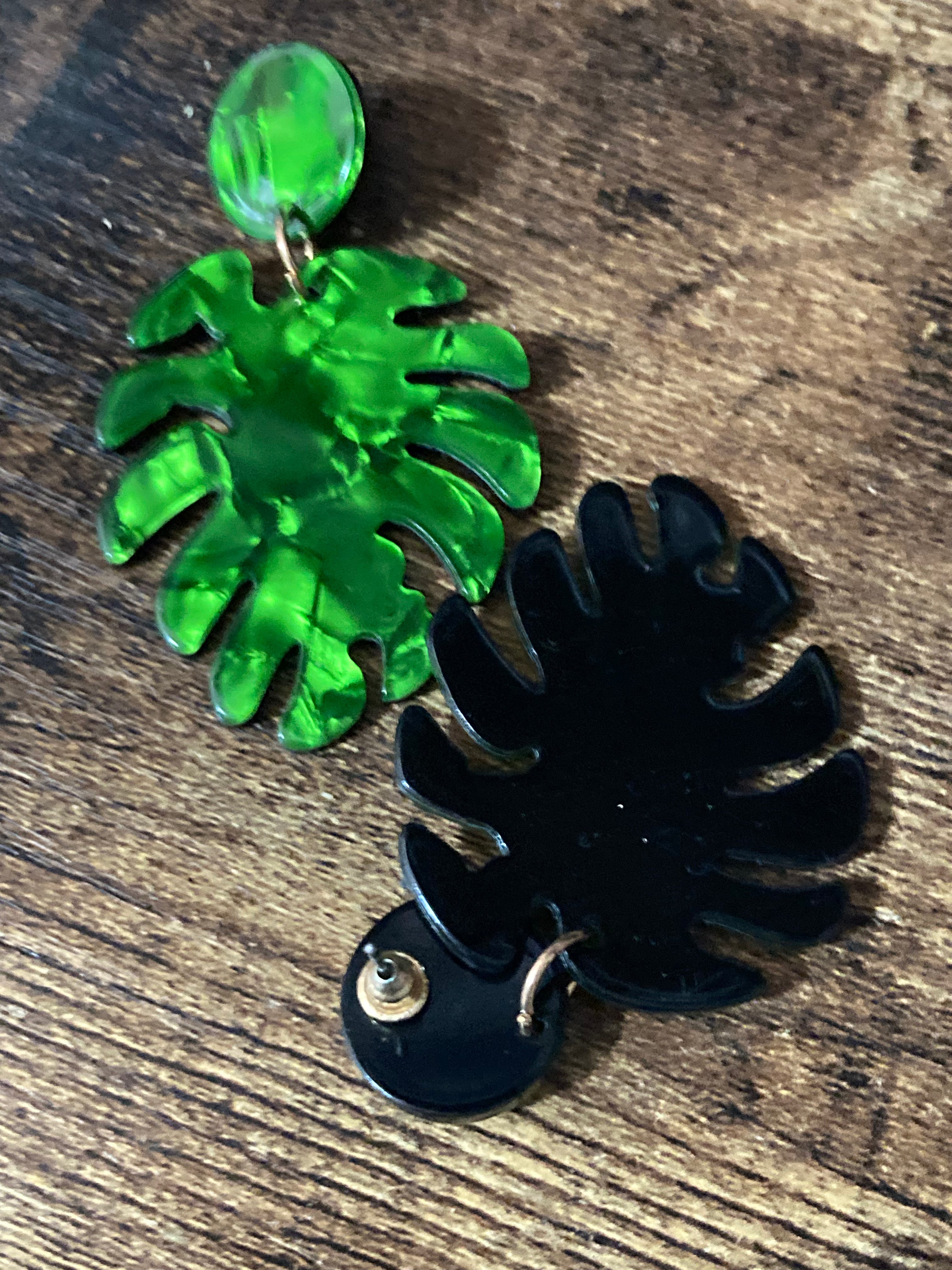 Green marbled acrylic palm leaf earrings