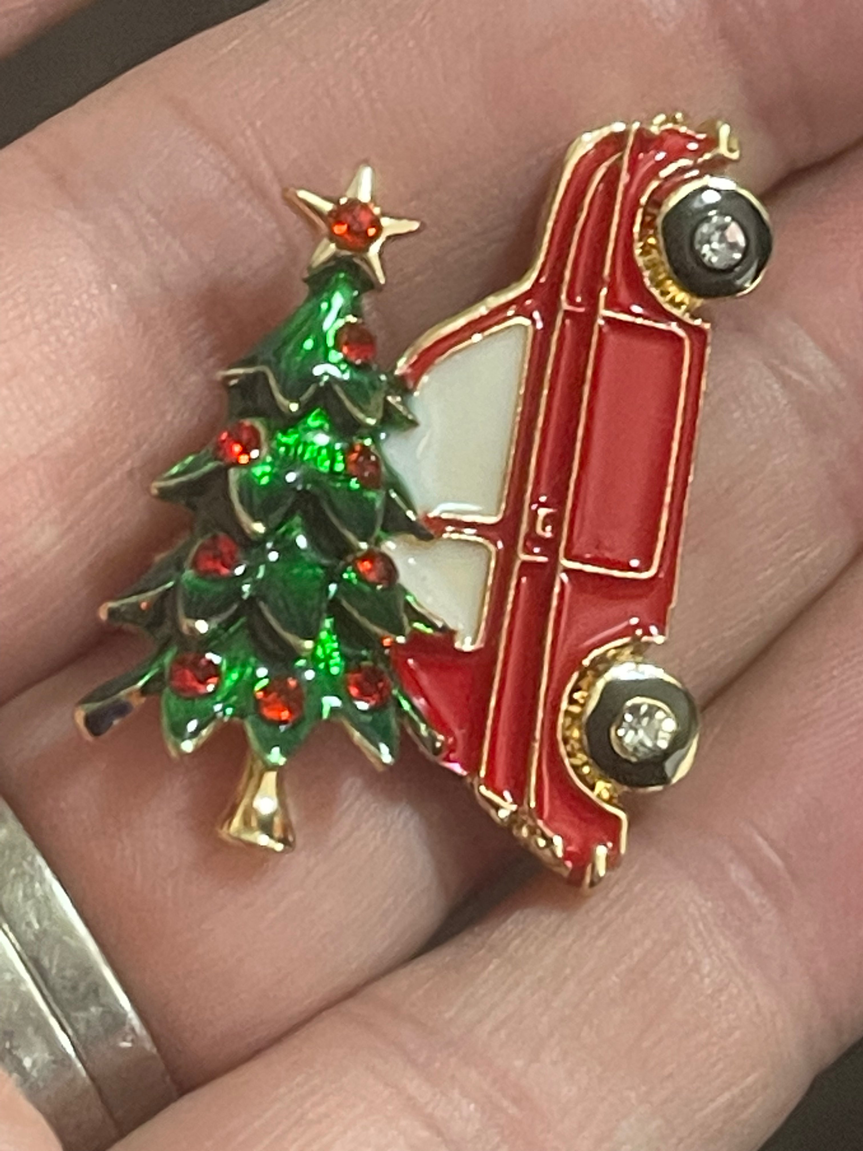 Driving home for Christmas tree and car brooch
