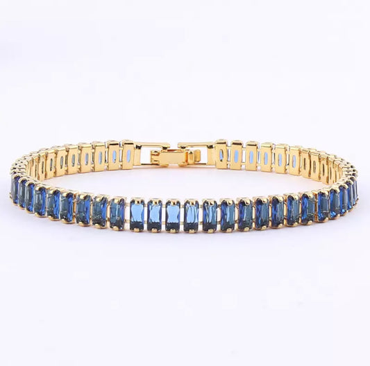 High End Sapphire Blue CZ tennis bracelet baguette Crystal diamanté gold plated
