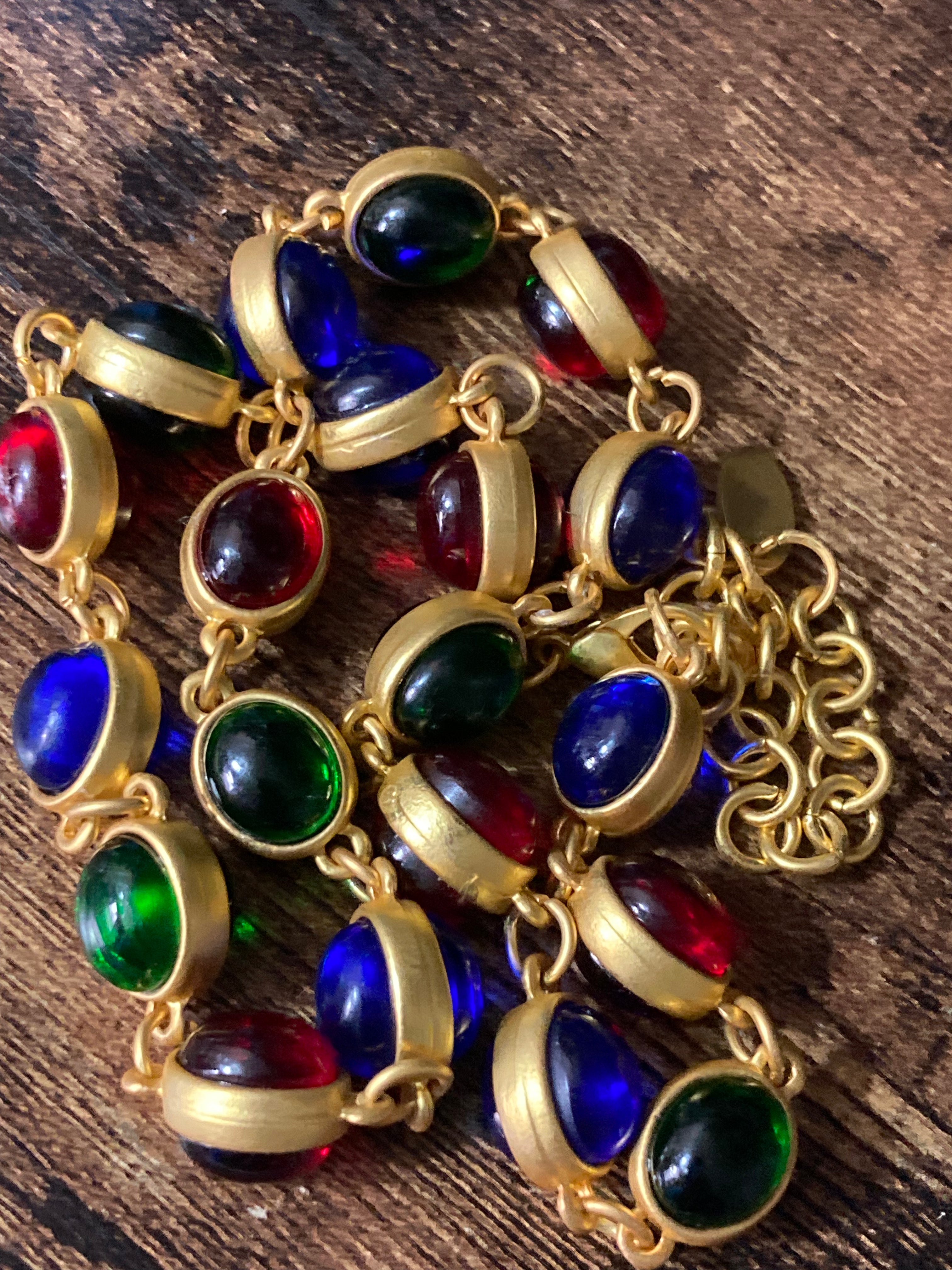 Etruscan choker Gripoix style red green blue cabochon necklace